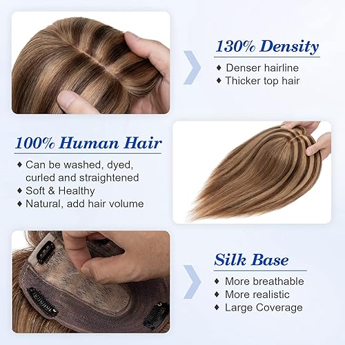 Miniatura 3 de Benehair Toppers de cabello humano real de 12 pulgadas para mujer, densidad del 130 %, 4 x 4.7 pulgadas, base de seda hecha a mano, pelucas de