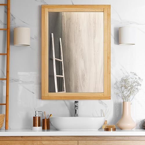 Miniatura 4 de YOSHOOT Espejo de baño de madera para pared, 32 x 24 pulgadas, espejo de madera rústico de granja, colgante vertical u horizontal, madera de caucho,