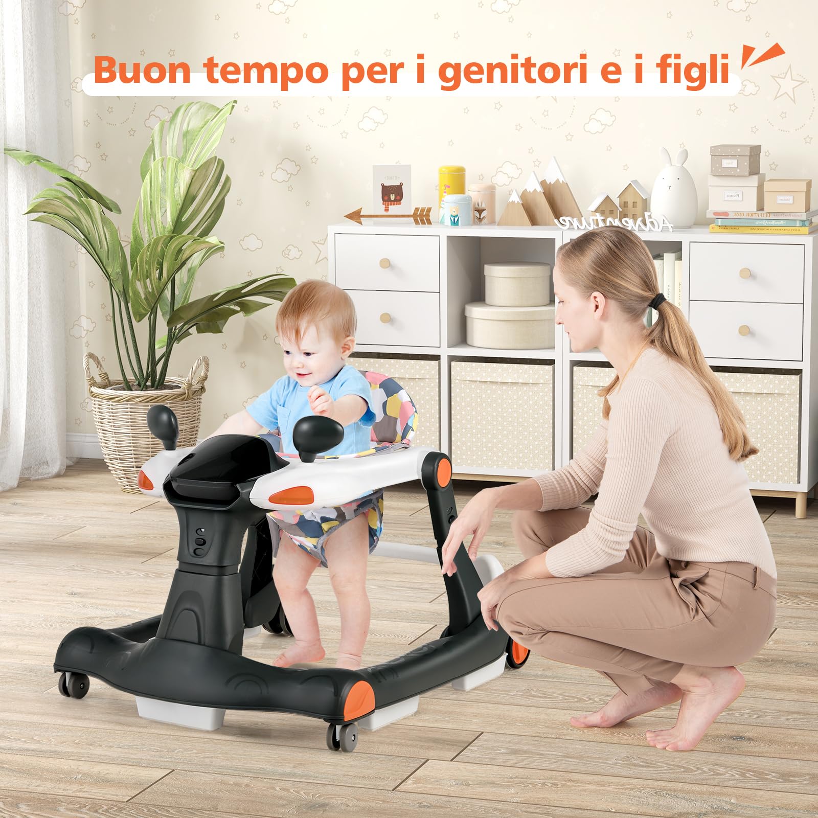RELAX4LIFE 2 in 1 Girello Neonato 6-18 Mesi, Primi Passi per Bambini con Altezza e Velocità Regolabili, Girello Pieghevole con Musica e Luce, Cuscino Rimovibile e Lavabile, Fino a 15 KG (Nero)