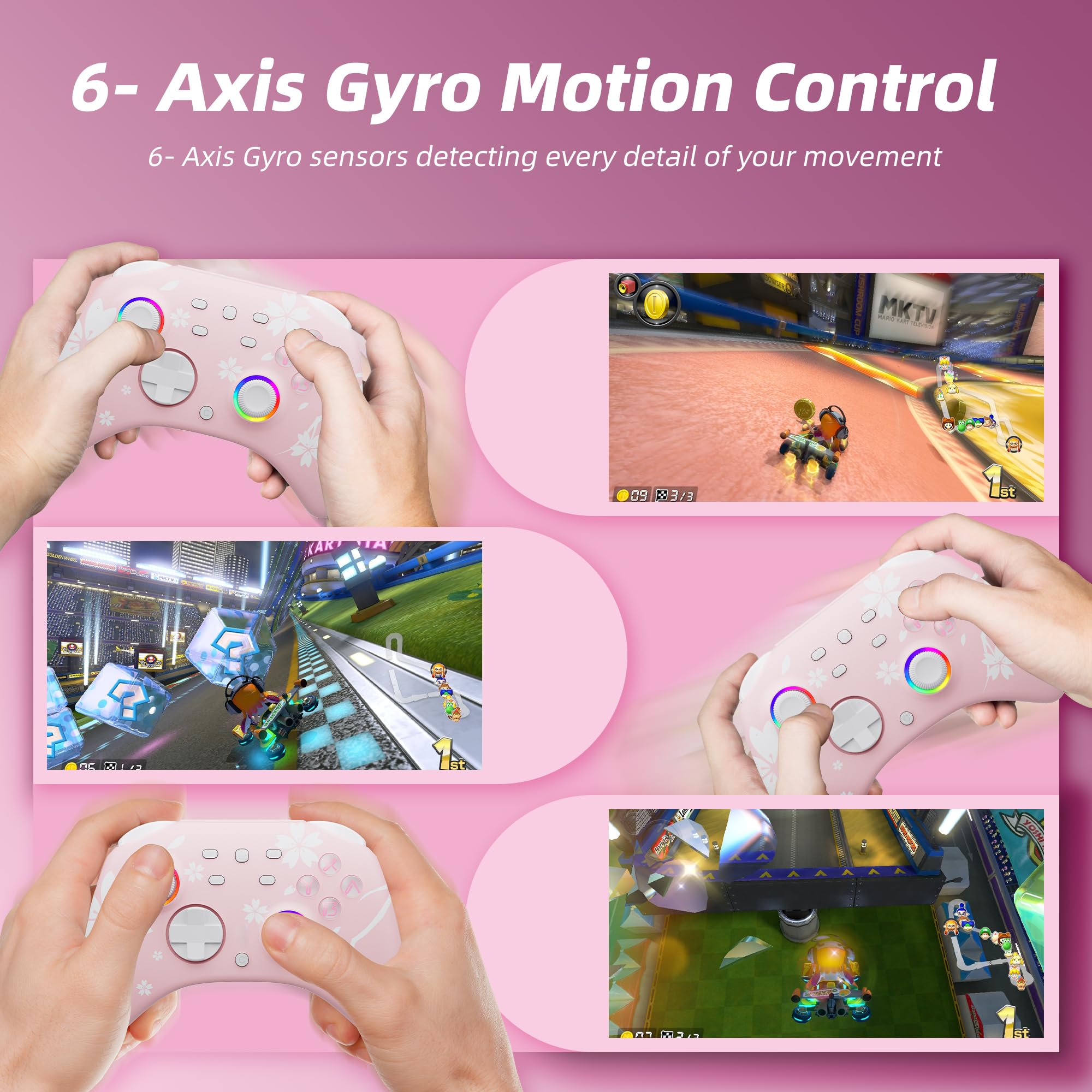 Mytrix Wireless Controllers for Switch/Switch 2, Windows PC iOS Android Steam/Steam Deck,  Bluetooth Controller with Programmable, Hall Effect Joysticks, Adjustable LED Light/Turbo/Vibration: Sakura Pink