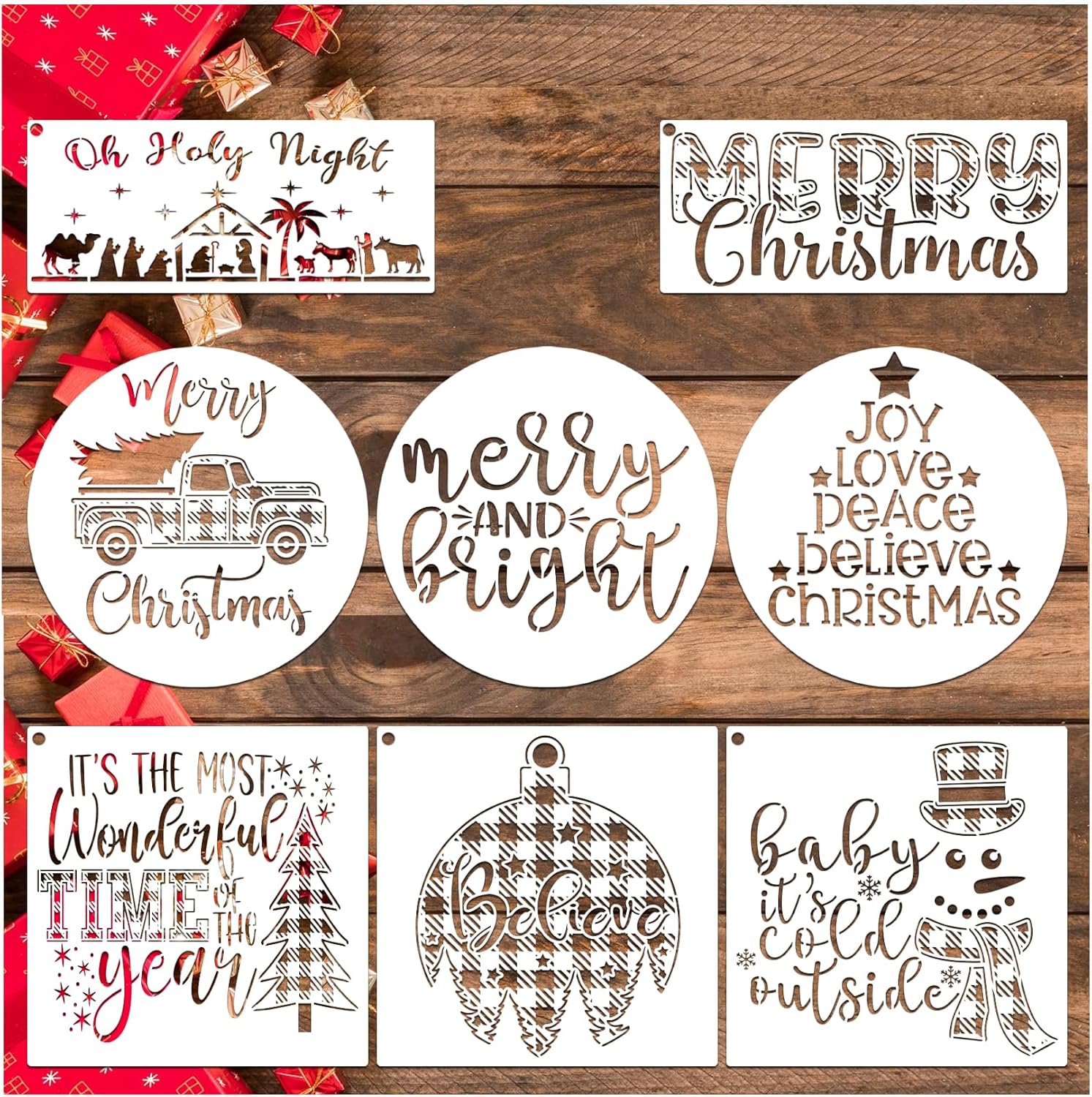 Large Christmas Stencils for Painting on Wood Reusable, 12