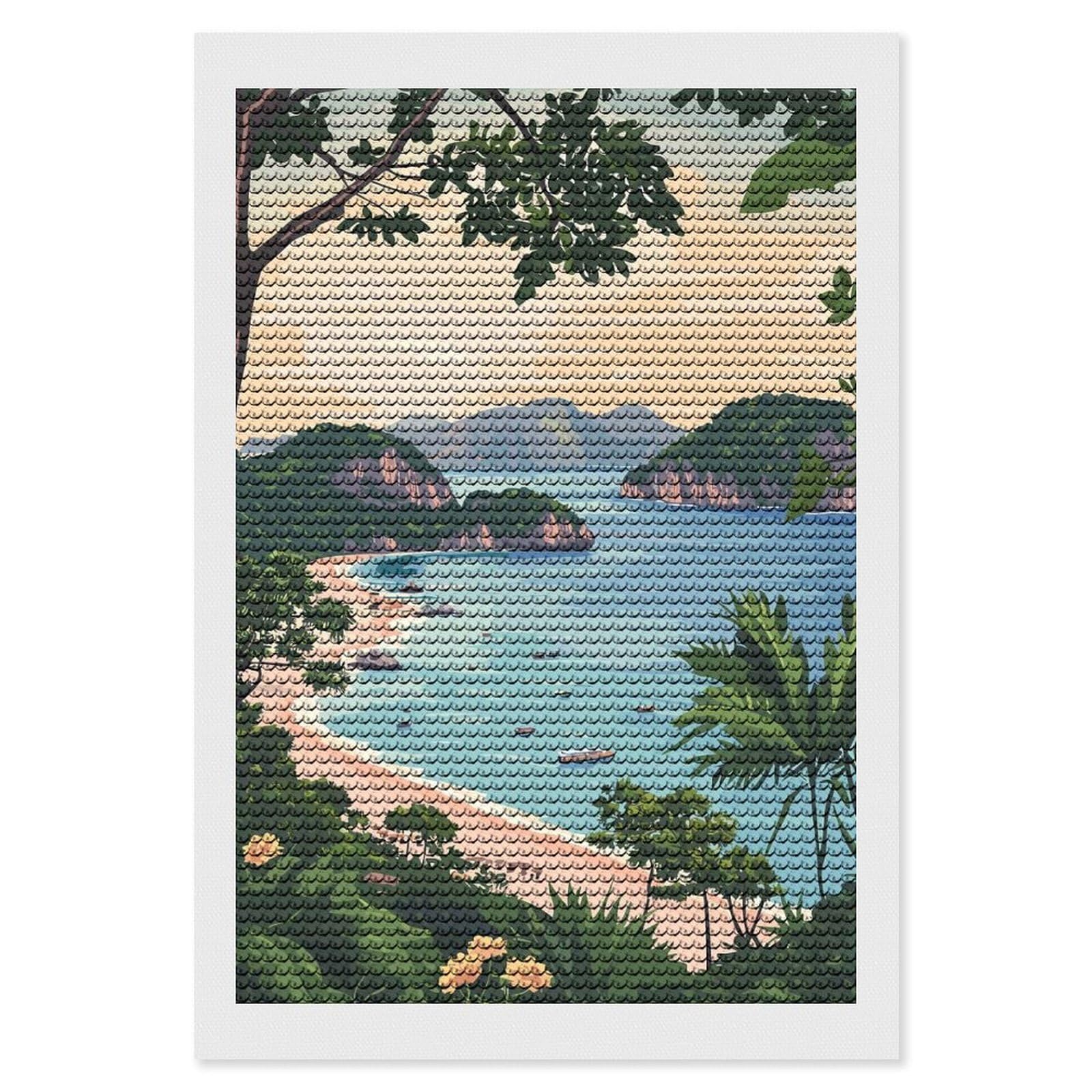 Junmoney Tropical Beach Landscape 5D Diamond Painting Kit 8"x12", Relaxing DIY, Mindful Craft Project, Full Kit Included, Thoughtful Present
