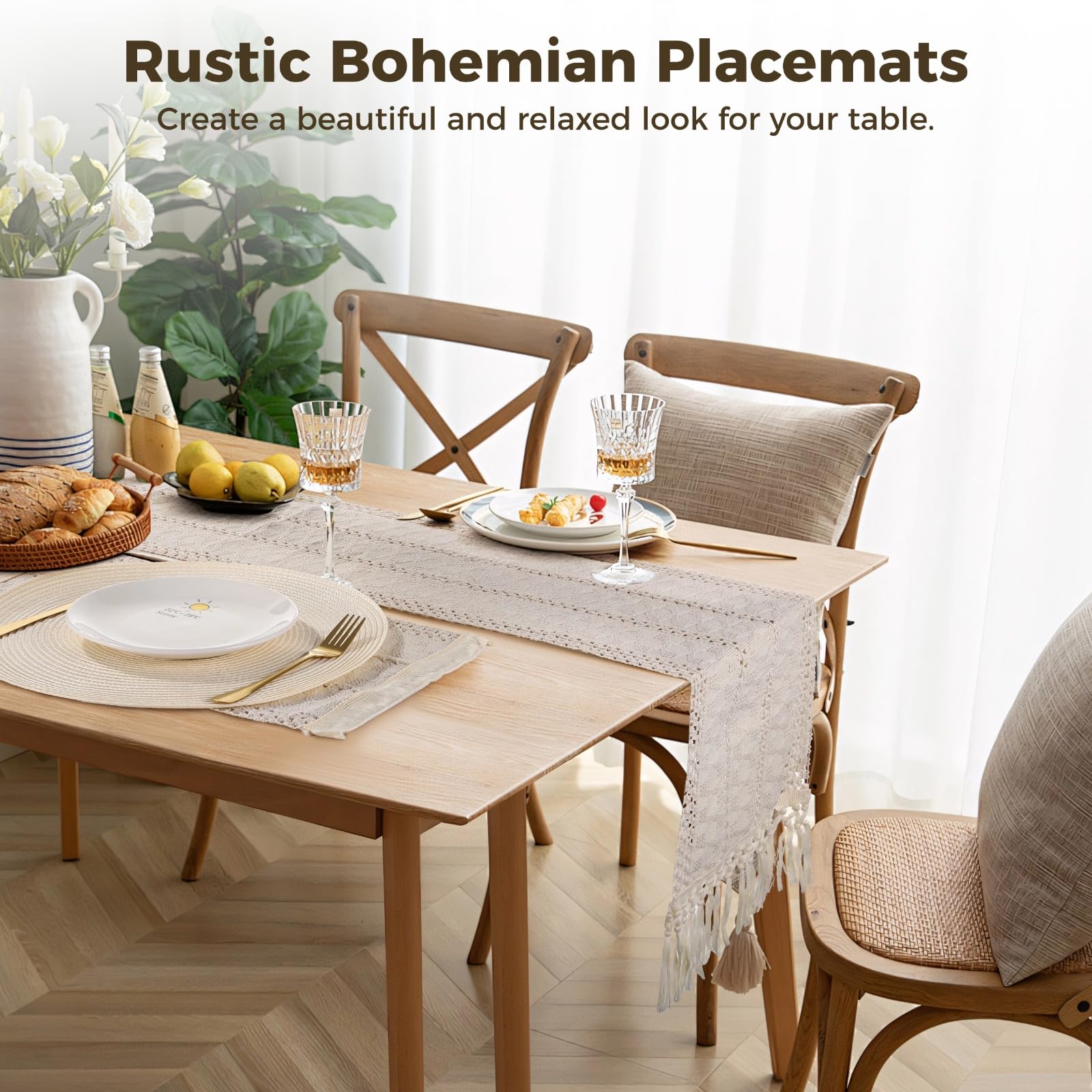 Lot de 6 sets de table ronds tissés - 6 sets de table ronds tissés - 6 sets de table en coton et lin - 1 chemin de table en macramé avec pampille - Résistants à la chaleur et antidérapants - Style