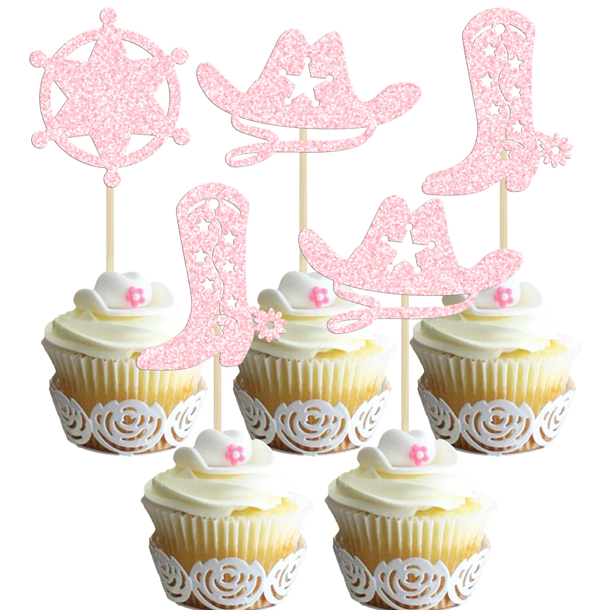 Gyufise 24Pcs Cowboy Cupcake Toppers Hat Boot Cupcake Picks Western Birthday Gender Reveal Theme Party Decorations for Western Baby Shower Party Cake Decorations Light Pink