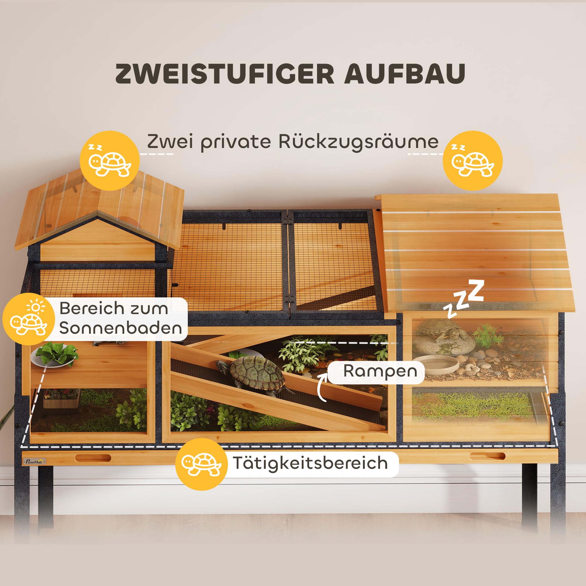PawHut Schildkrötenhaus aus Holz 128x63x96cm Gelb mit 2 Haupthäusern, 2 Etagen, aufklappbarer Deckel