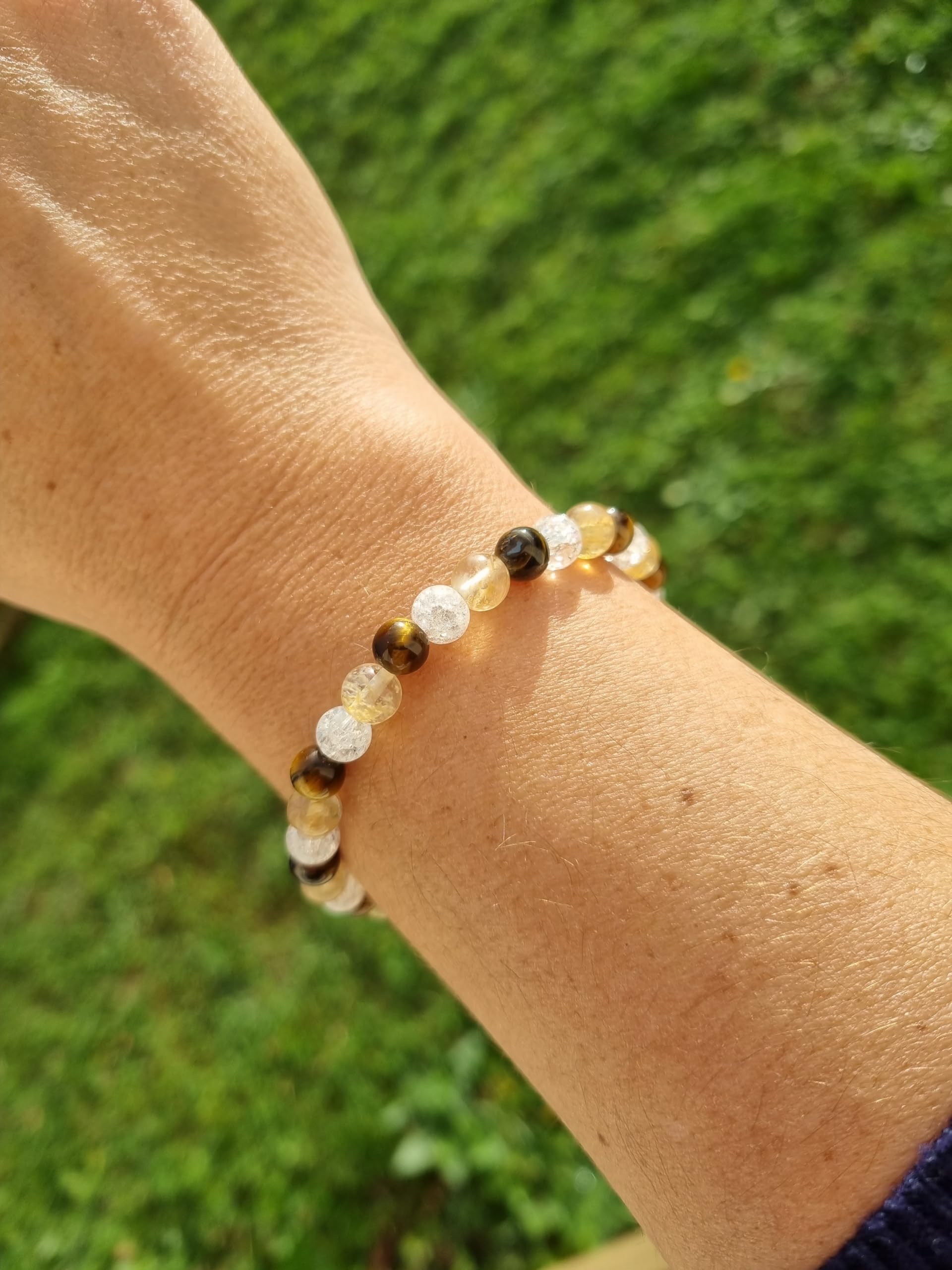Bracelet Chance et Protection Citrine, Oeil de tigre et Cristal de roche en Pierres Naturelles Qualité AAA | Perles rondes 6 mm | Fil élastique | Création Artisanale Française