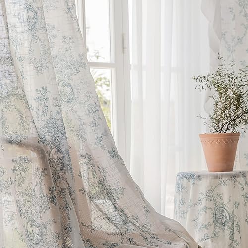 Miniatura 8 de SUOUO Cortinas semitraslúcidas de lino con textura floral azul aguamarina para sala de estar, 84 pulgadas de largo, 2 paneles con bolsillo para