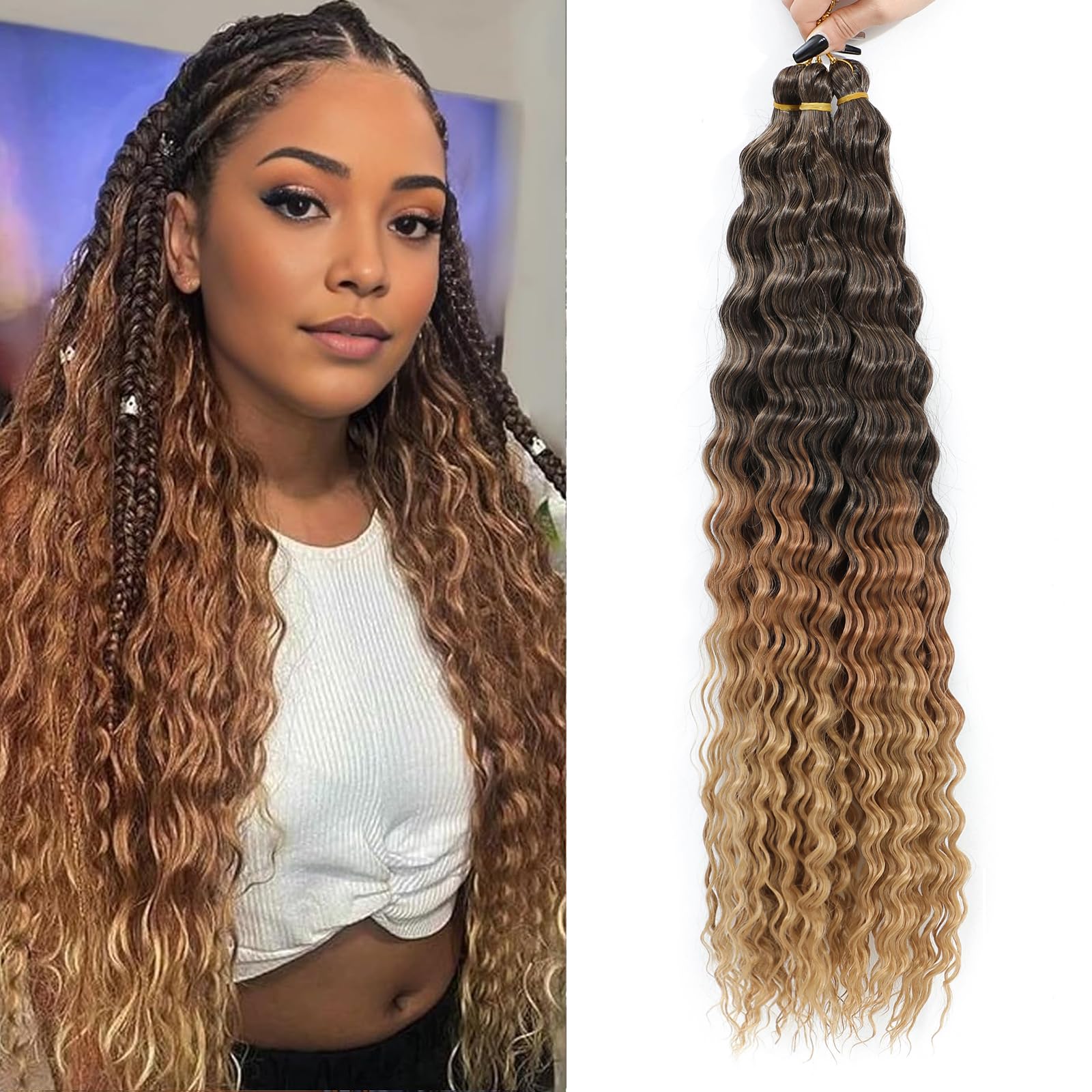 MLETULIPS Ocean Wave Crochet Hair Extensions Deep Wave Braiding Crochet Hair Soft Synthetic Curly Braiding Crochet Hair for Black Women (1B/30/27#