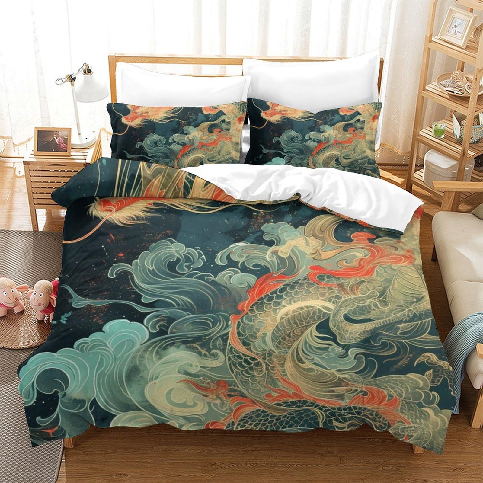 Housse de couette dragon 3D 3 pièces 220x240cm avec taies d'oreiller microfibre