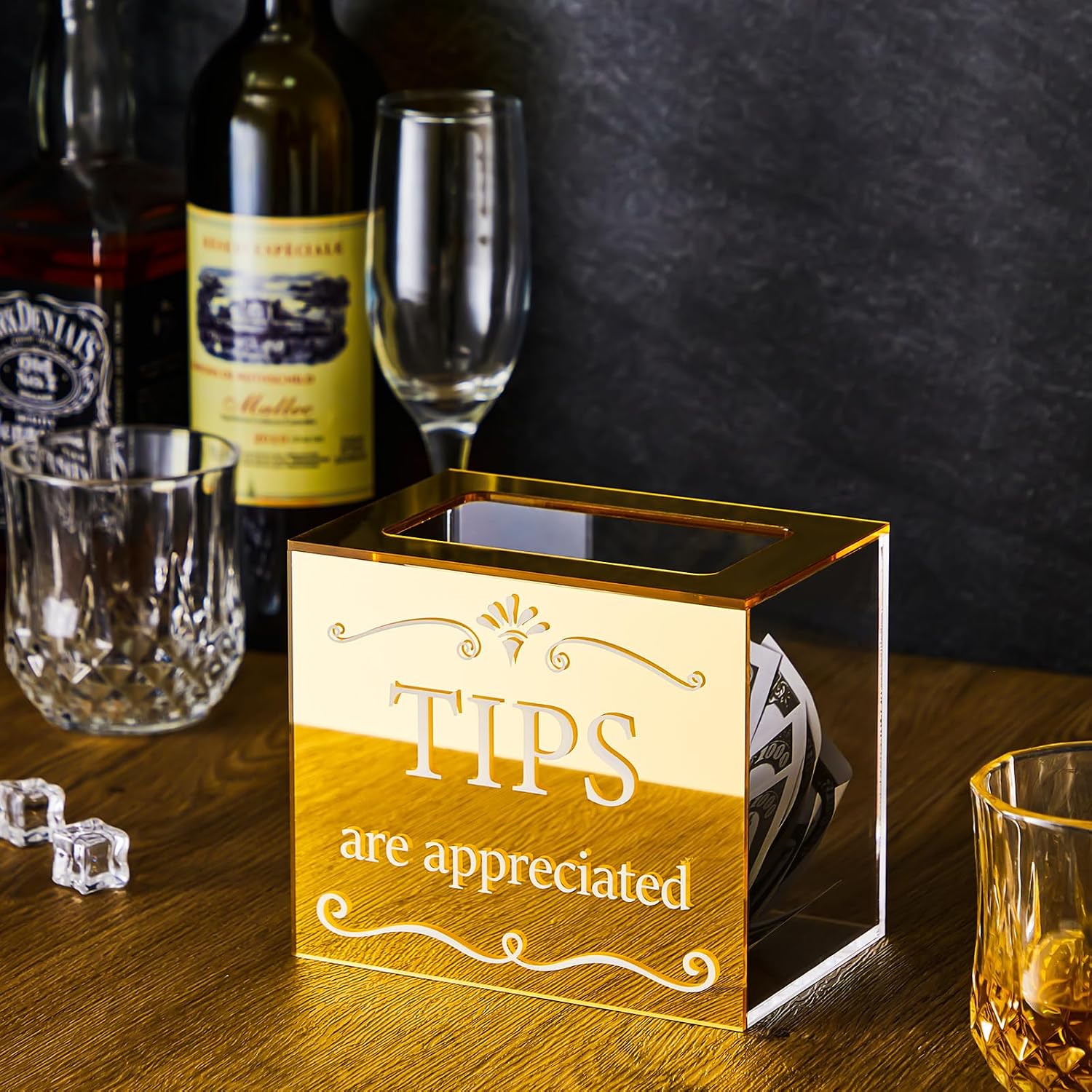 Vesici Tip Jar for Bartenders & Restaurants, Acrylic Wall Mounted Tip Box, 6 x 4 x 5 Inch, Suit for Small Donations, Musicians, Drivers, and Charity Events(Standard Lid,Gold)
