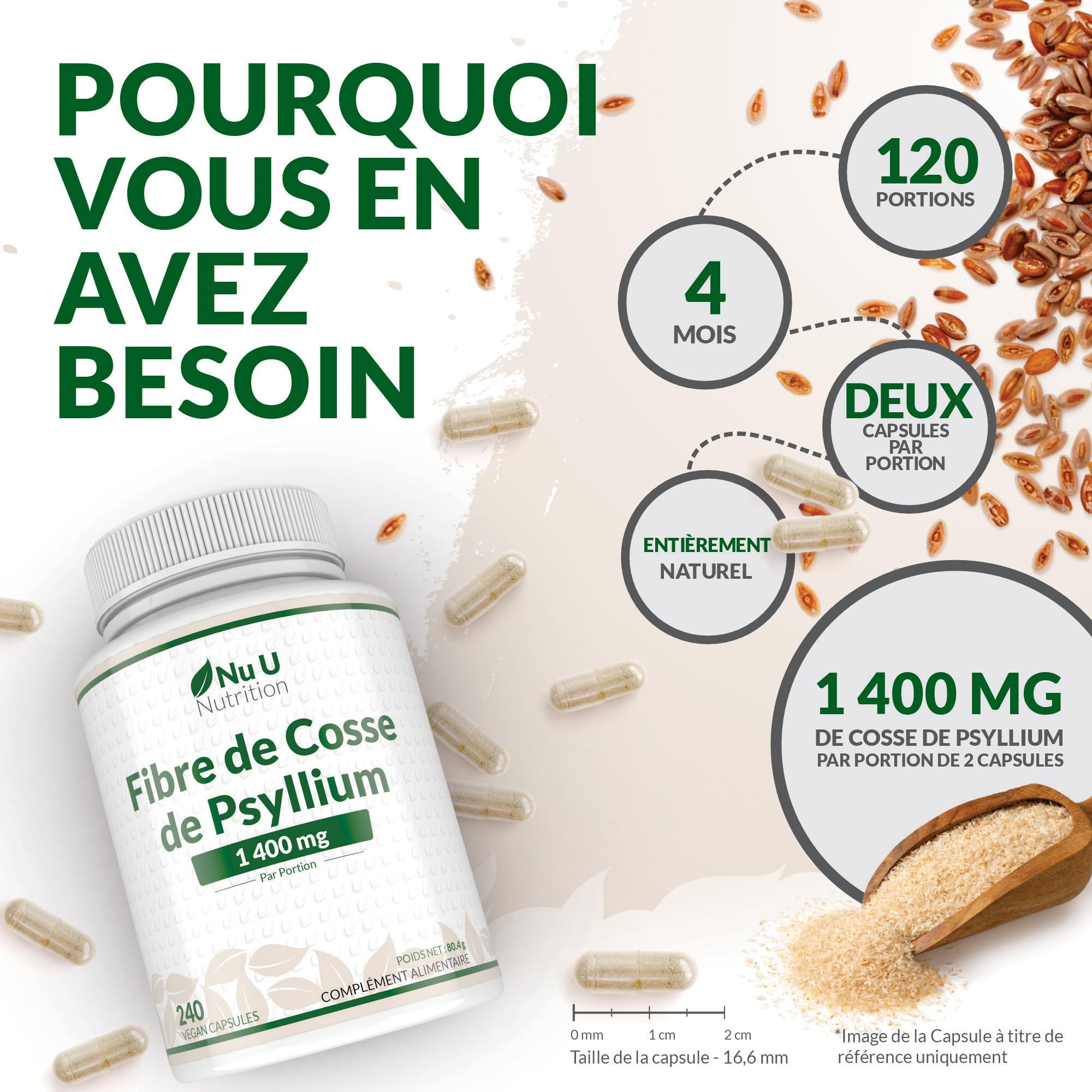 Psyllium Blonde 1400mg par Portion - 240 Gélules Véganes - Fibre Prébiotique Soluble Naturelle Provenant des Graines de Cosse de Plantago Ovata - Fabriqué en Europe – Nu U Nutrition