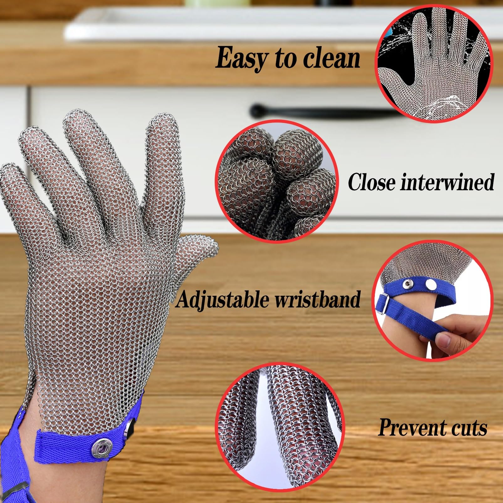 Cut Proof Gloves Rękawice odporne na przecięcia do supermarketu kuchennego, rękawice odporne na przecięcia z kolczugą do krojenia żywności z regulowanym nylonowym paskiem na nadgarstek(/M)