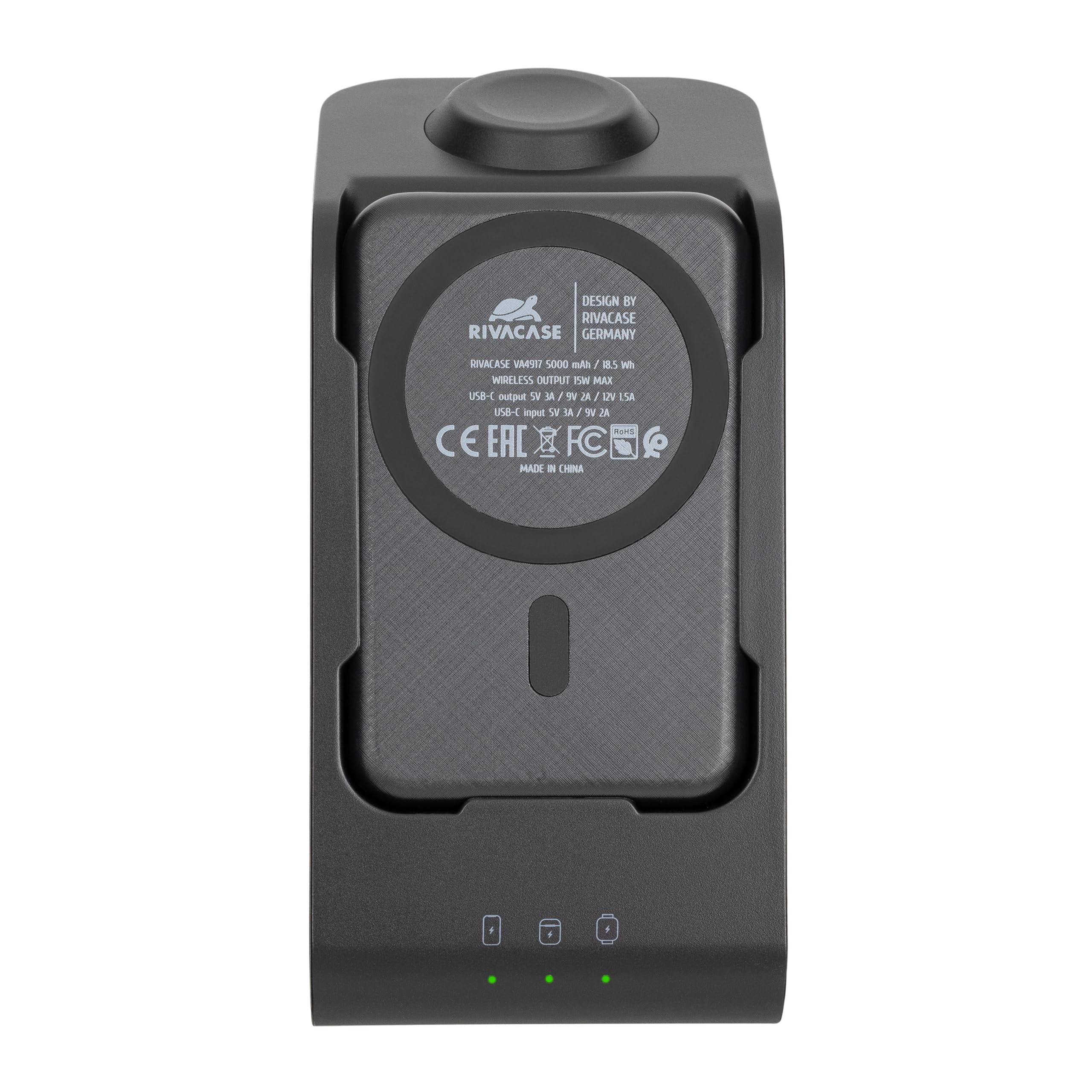 RIVACASE VA4917 Cargador inalámbrico Qi 15 W con batería externa con QC/PD 5000 mAh función de carga rápida, batería externa integrada extraíble