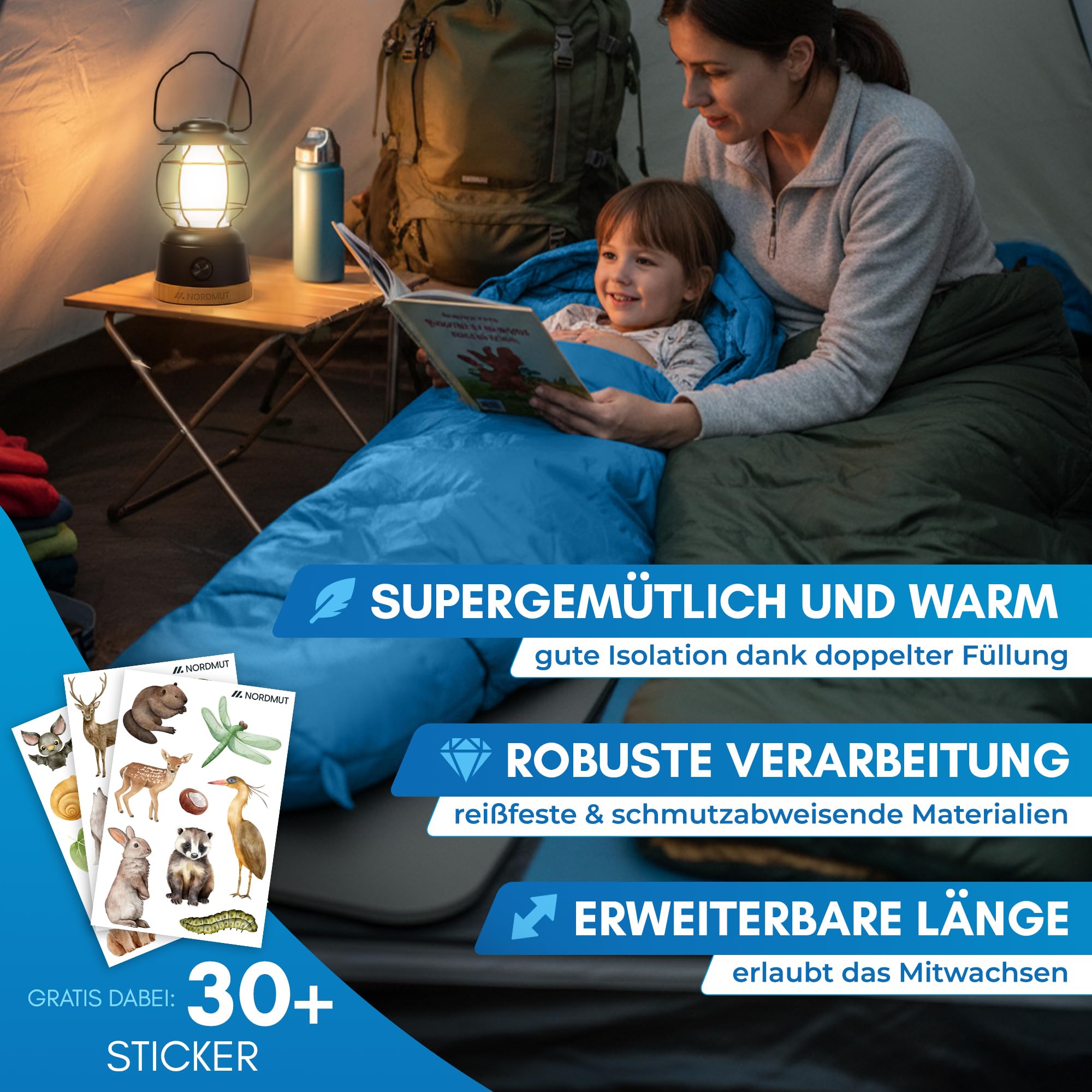 NORDMUT® Schlafsack Kinder mitwachsend für zuverlässigen Kälteschutz – Kinderschlafsack aus schadstofffreien Materialien – 3-Jahreszeiten Kinderschlafsack (200 GSM) für Outdoor Abenteuer