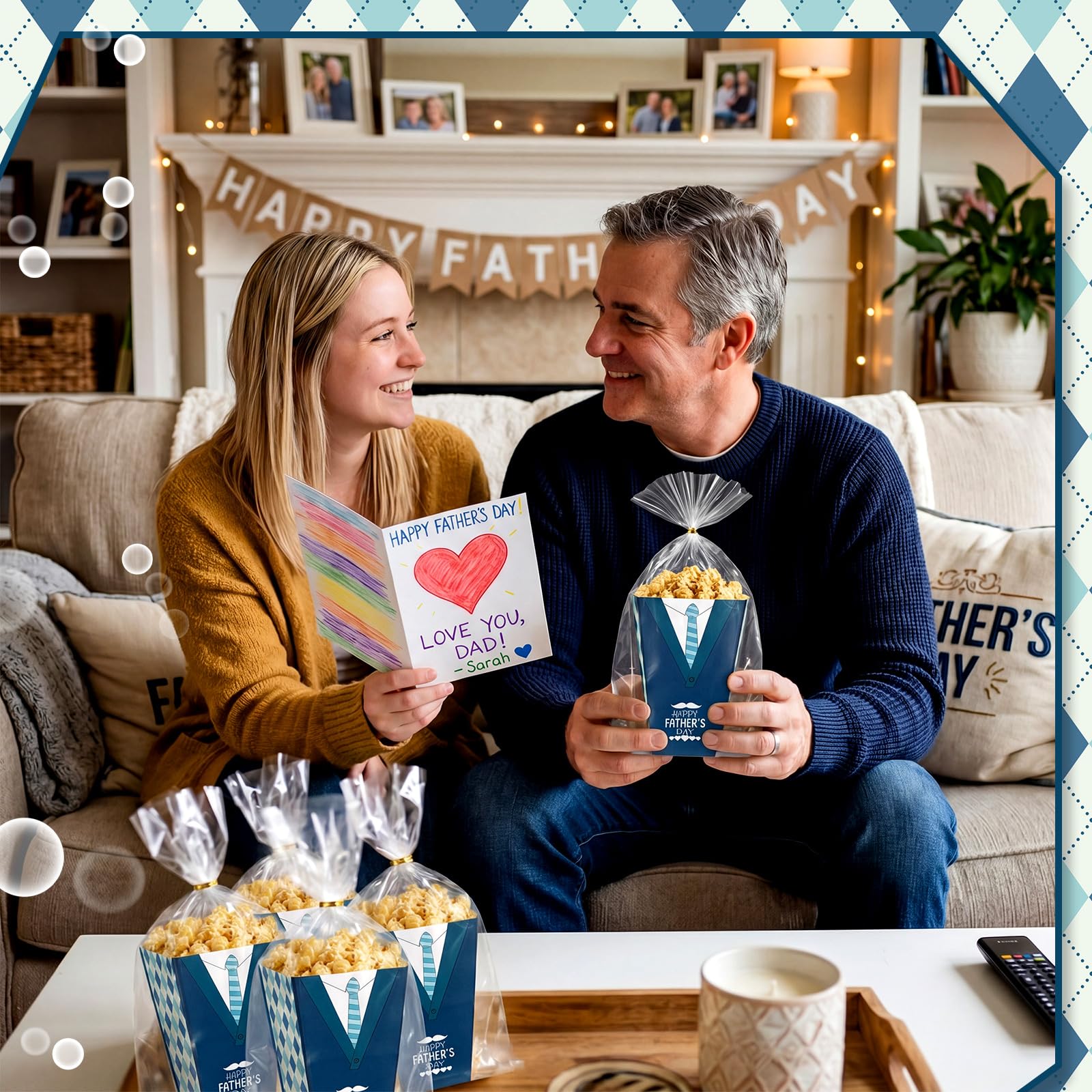 Yiyiring Juego de 48 cajas de palomitas de maíz para el día del padre con bolsas transparentes y corbatas, recipientes de regalo para mamás, a cuadros, corbata, dulces, galletas, cubo de regalo para