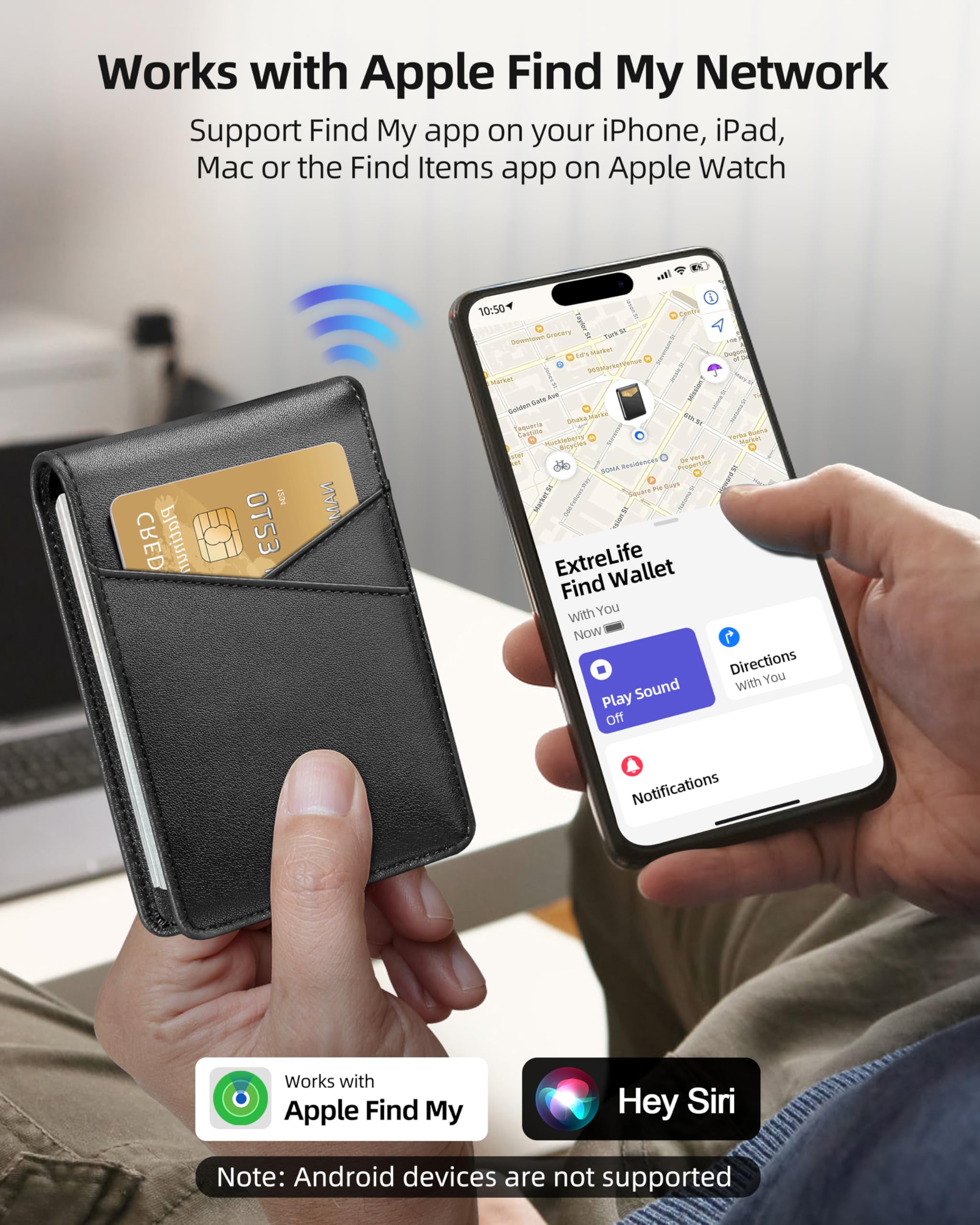 ExtreLife Mens Wallet with Smart Tracker, Genuine Leather Bifold Wallet, Works with Apple Find My, 10 Card Slots, Money Pocket, ID Window, RFID Blocking, GPS Wallet Tracker, Gift Box, Black