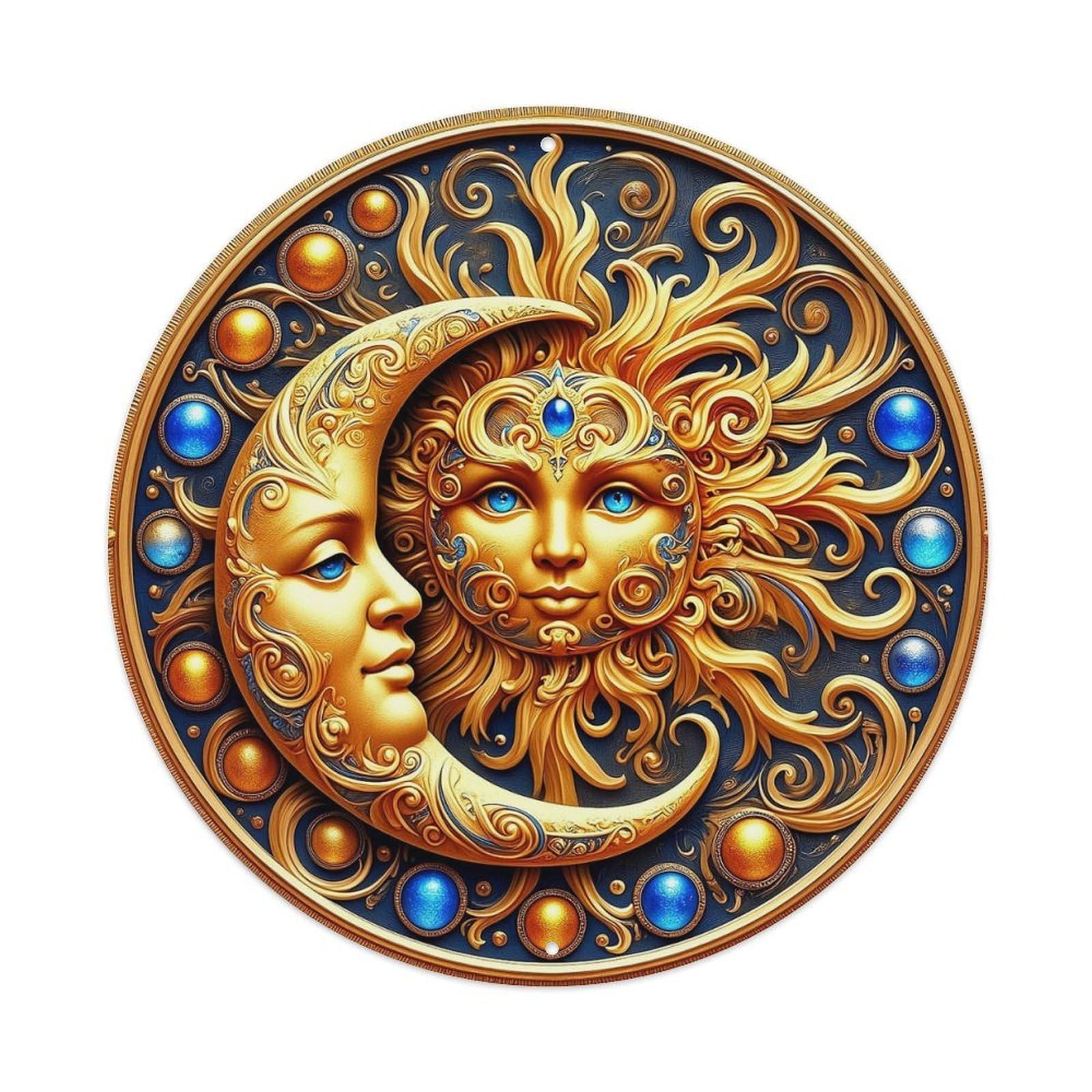 Sun And Moon Faces With Gems Round Metal Tin Sign Vintage Wall Decor, Bar Garage Cafe Kitchen Home Wall Art Poster 8x8inches