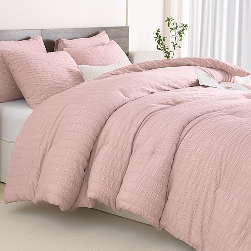 Miniatura 9 de Andency Juego de edredón rosa Queen, juego de edredón de 3 piezas color rubor (1 edredón texturizado de sirsaca y 2 fundas de almohada), juego de