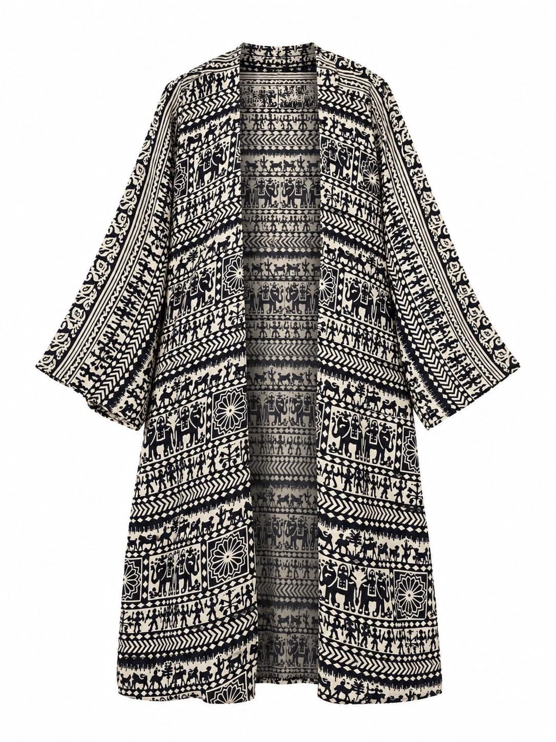 Payel Bhunia Oversized Shrug with Indian Art Print, Cream & Black-image-28