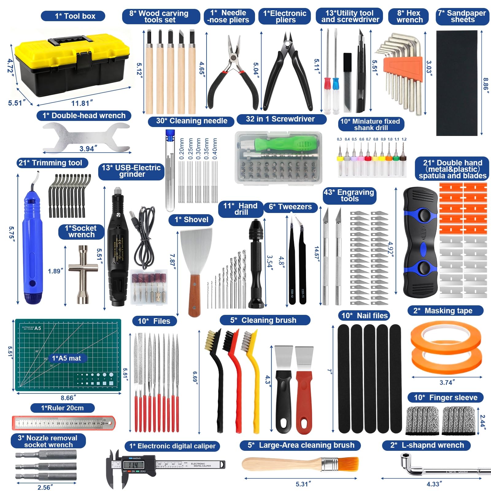 YOTINO Kit de herramientas para impresora 3D de 275 piezas – Kit completo para limpieza, desbarbado y acabado de impresiones 3D, con limpiador de boquillas, alicates, llaves y más