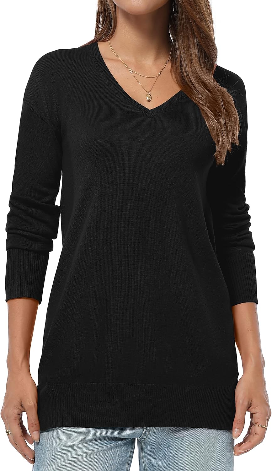 QUALFORT Women's V-Neck Long Sweater Lightweight Pullover Tunic Cotton Sweaters Long Sleeve Knit Comfort Causal Tops - Image 2