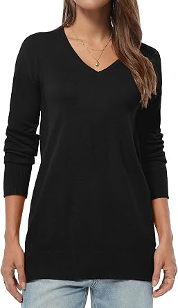 QUALFORT Women's V Neck Tunic Sweater Lightweight Long Sleeve Pullover
