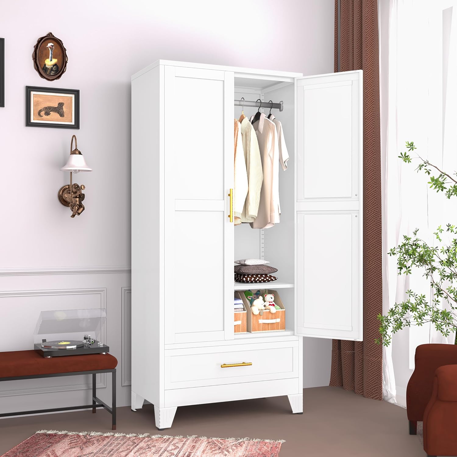 GAIOUS Steel Armoire Wardrobe Closet with 2 Doors, 71" Household Wardrobe Cabinet with Hanging Rod and Drawers, Metal Clothing Storage Cabinet with Adjustable Shelf for Bedroom, Cloak Room, Gym(White)