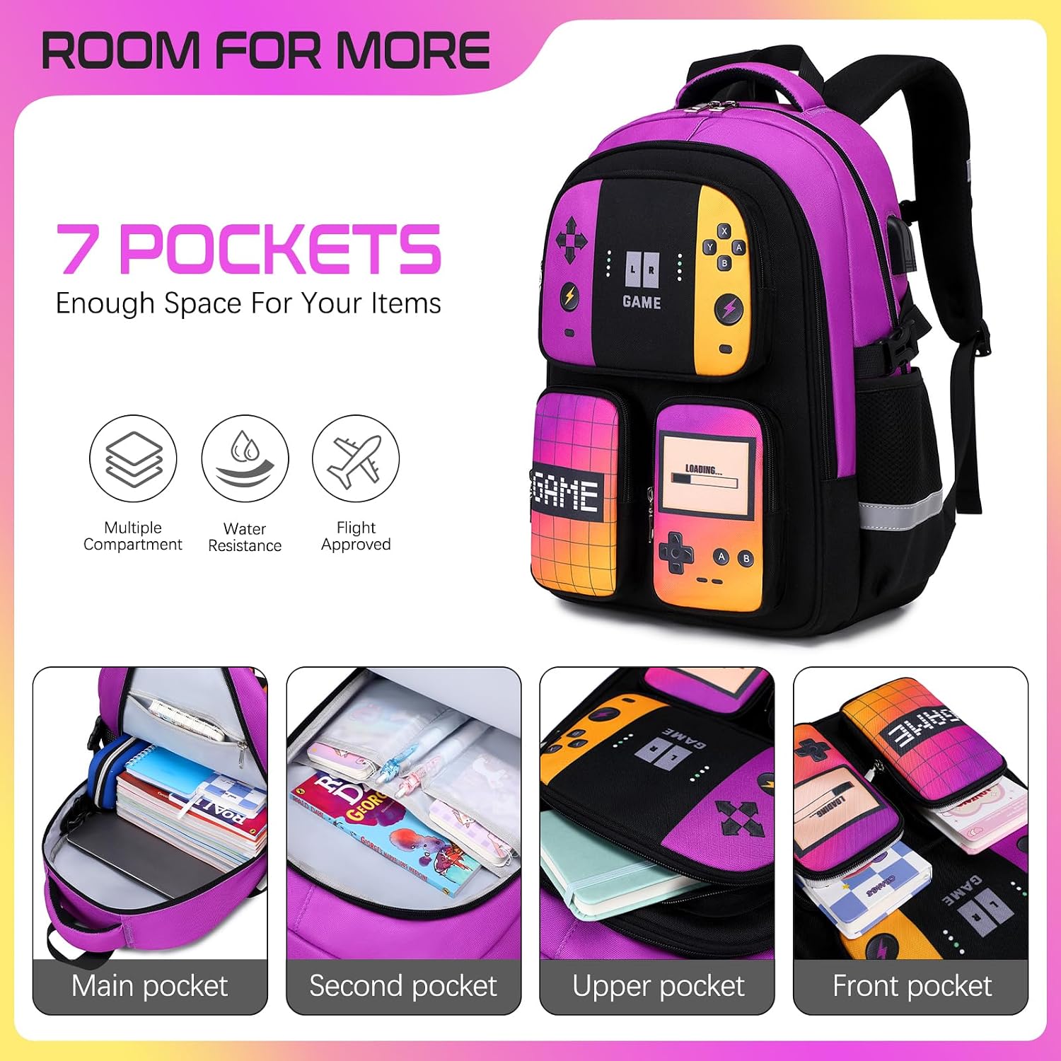 3PCS Gamer Backpack for Boys with Lunch Box & Pencil Pouch (Pueple Yellow) image 3