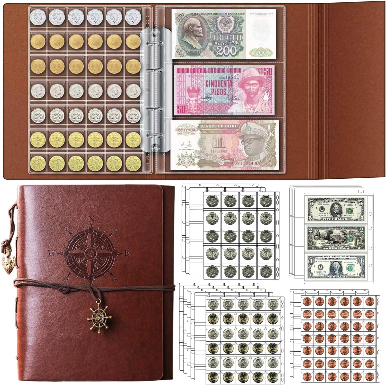 Ettonsun Coin Collection Book 386 Coin Pockets & 12 Currency Sleeves, Coin Collecting Album Holder for Collectors Money Collection Book Coin Display Storage Case Organizer for Coin Collection Supplies