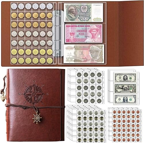 Ettonsun Libro de colección de monedas de 398 bolsillos, suministros de colección de monedas, libros de recolección de monedas, 12 billetes y 386