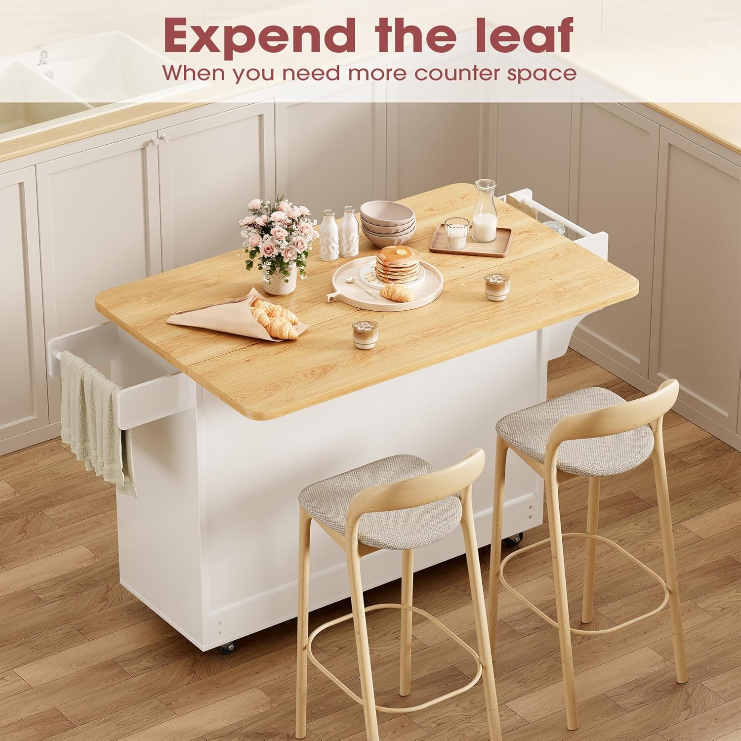 Kitchen Island with Storage, 41.7" Width Rolling Cart with Drawer, Rolling Kitchen Island on Wheels with Drop Leaf, Towel Rack, and Drawer, White, 41.7" L x 29.5" W