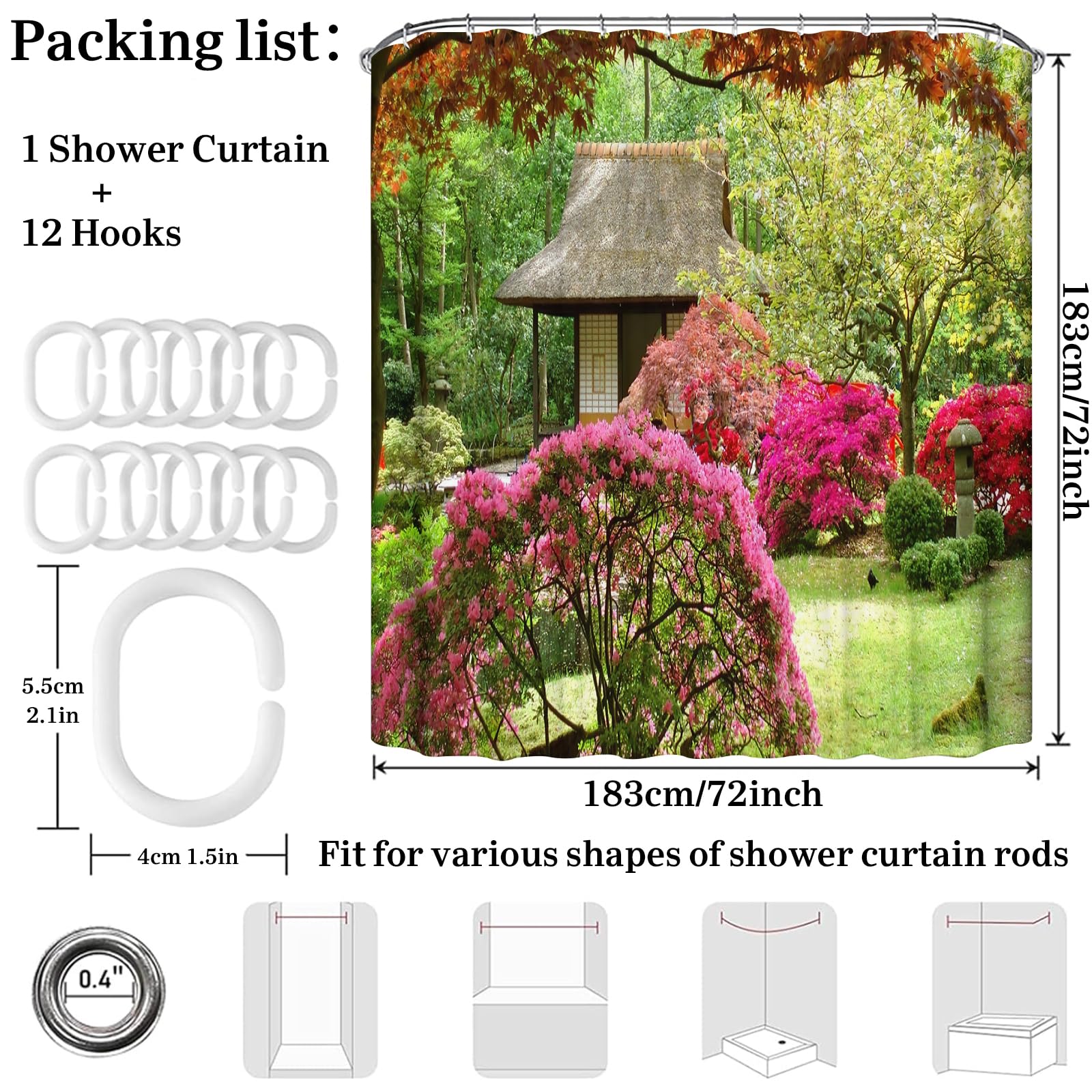 Simpomsy Garden Shower Curtain 3D Garden View Flowers Trees Outdoor Nature Scenery Waterproof Cloth Fabric Bathroom Decor Set including Hooks 150x180cm - Image 2