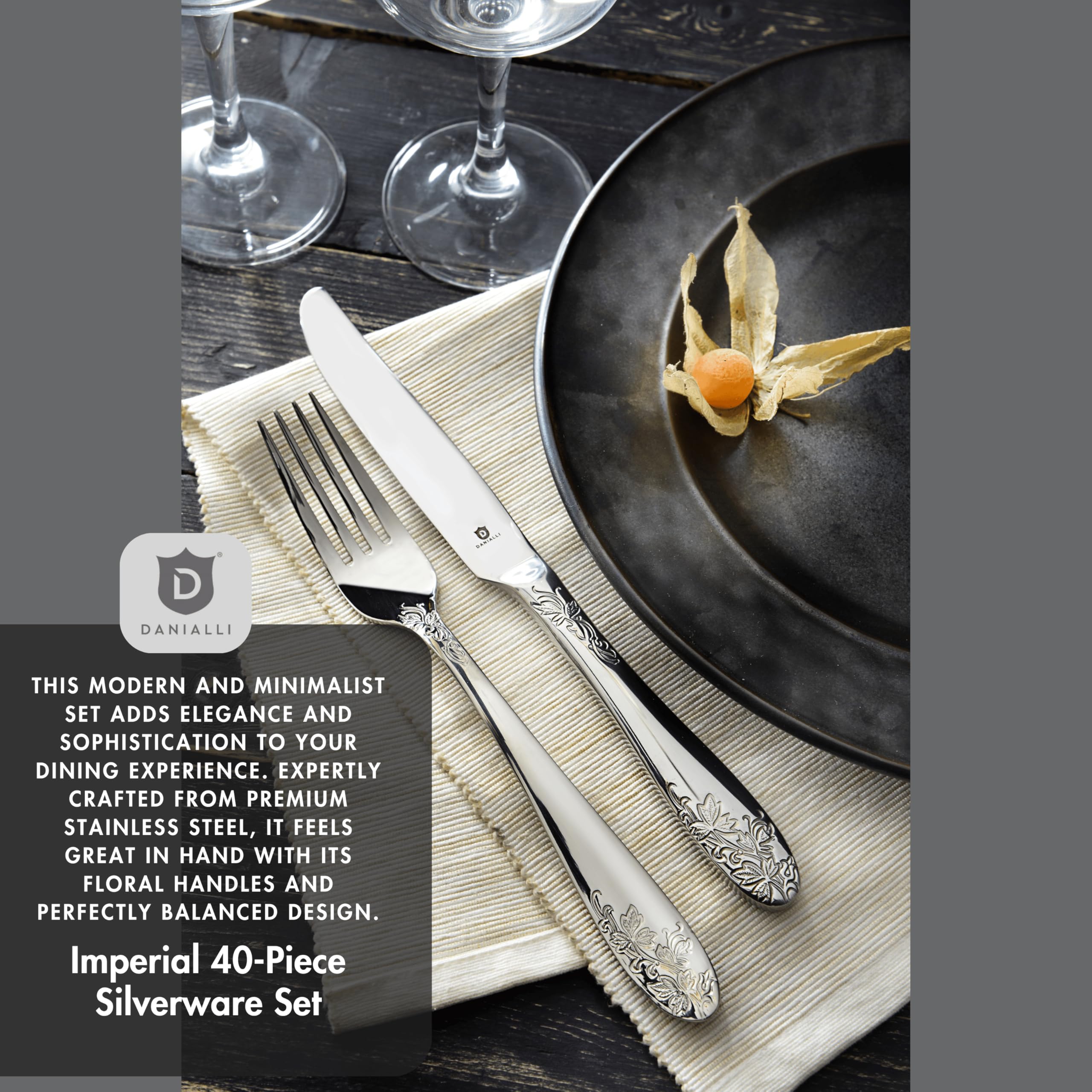 DANIALLI Modern Silverware Set - 18/10 Stainless Steel Flatware Set for Elegant Dining - Dishwasher Safe Cutlery Set (Imperial 40-Piece, Floral)