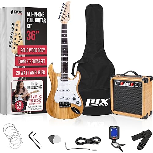 LyxPro 36 Inch Electric Guitar and Kit for Kids with 3/4 Size Beginner’s Guitar, Amp, Six Strings, Two Picks, Shoulder Strap, Digital Clip On Tuner, Guitar Cable and Soft Case Gig Bag -Natural