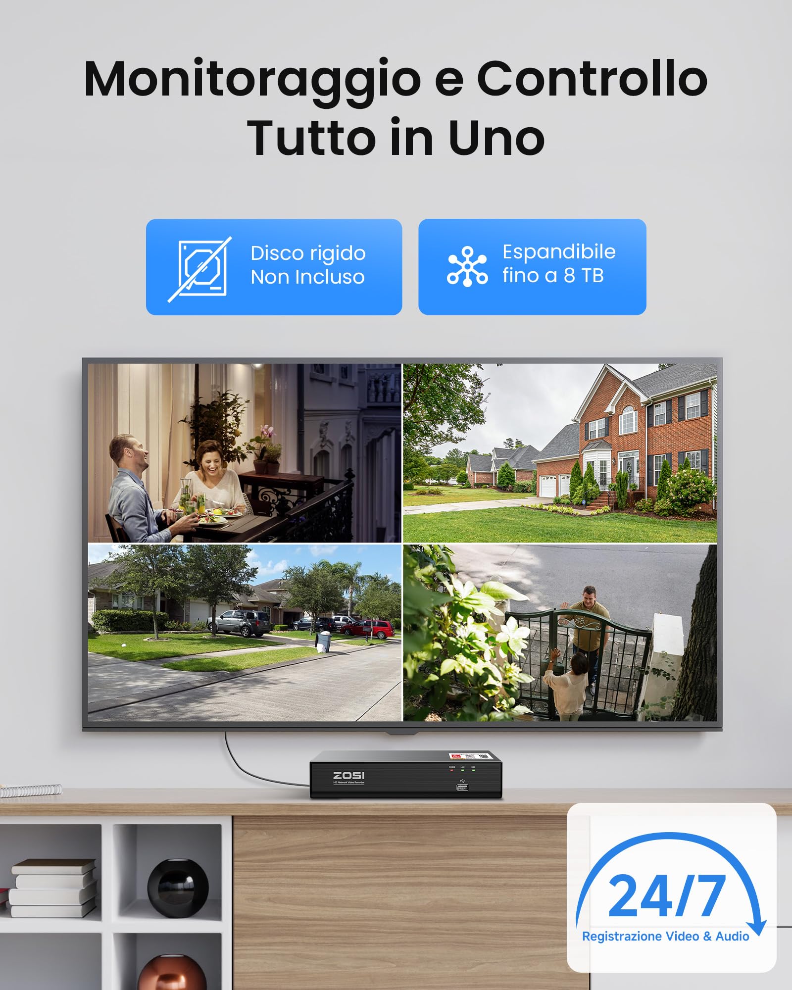 ZOSI 4K 8CH - Kit di videosorveglianza PoE per esterni, telecamera IP PoE 8MP con 8 CH 8 MP NVR, rilevamento di persona, allarme istantaneo, accesso remoto, visione notturna e registrazione 24/7