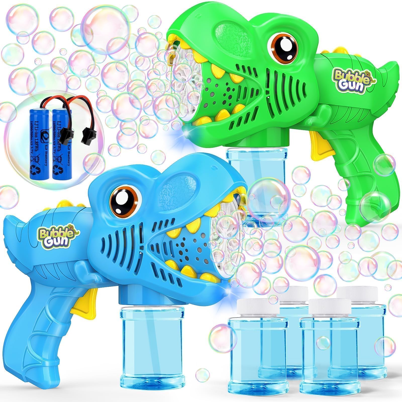 Kids Bubble Gun 2 Pack Dino Bubble Machine Gun for Toddlers with 4 Solutions Easter Basket Stuffers Automatic 13-Hole Bubbles for Kids Blower Maker Valentines Gift Party Outdoor Toys for Boys Girls