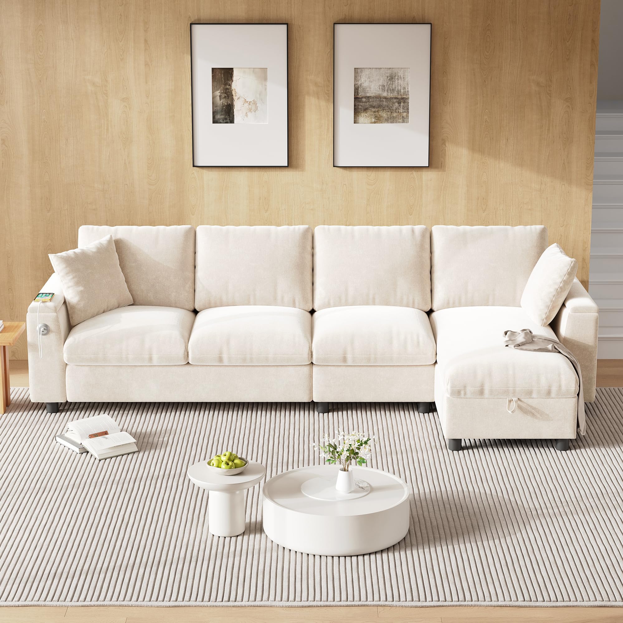 Sofa narożna w kształcie litery L, funkcja spania i wysuwana sofa, materiał szenilowy, miejsce do przechowywania + rozkładany stolik kawowy, złącze ładowania USB-C, regulacja w prawo/lewo