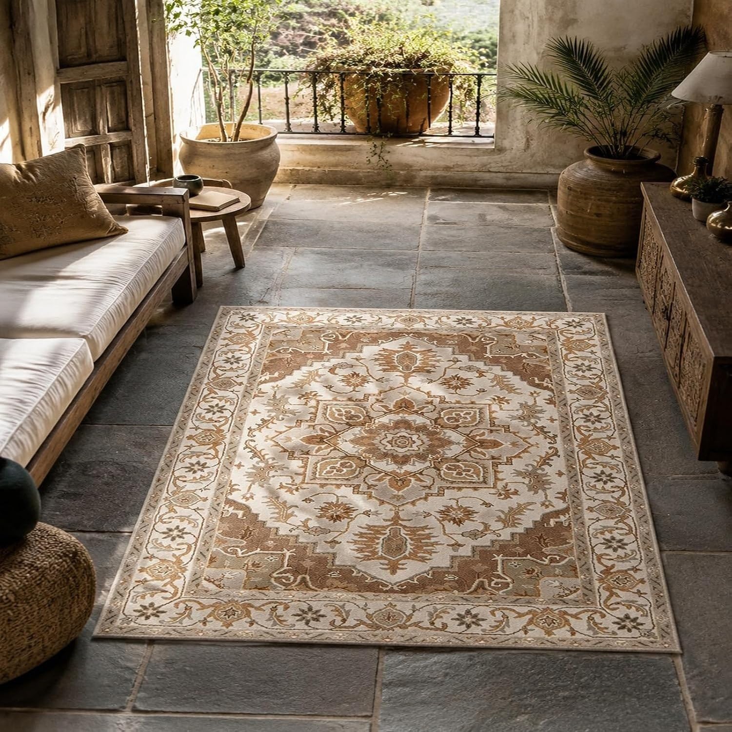 Tappeto Quadrato Lavabile Beige Vintage, Beige, 80x150 cm (Rettangolare)