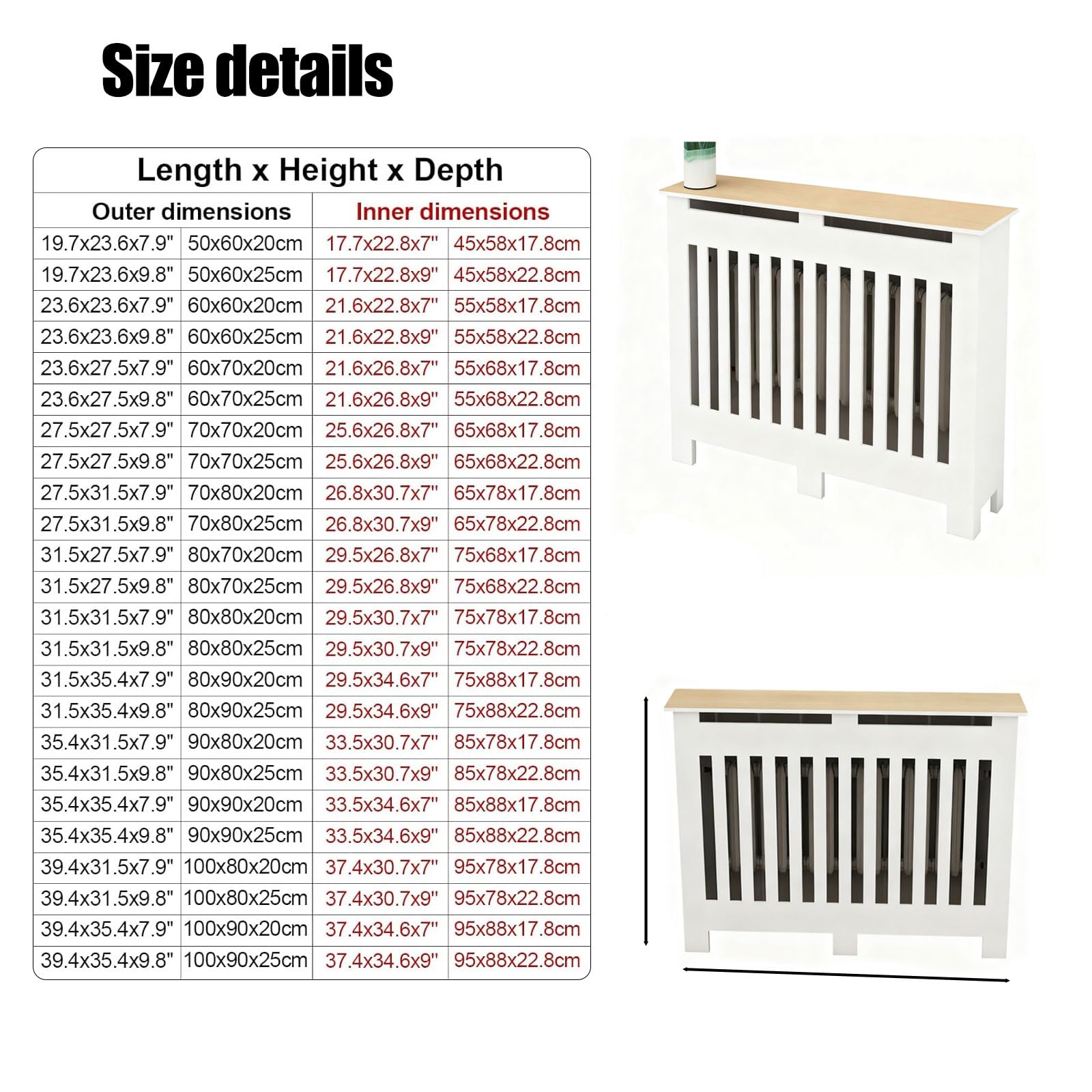 Biała nowoczesna osłona grzejnika z półką pionowa konstrukcja kratki żaluzji łatwa instalacja bez wiercenia idealna do salonów sypialni korytarzy 58 cm dł. x 9,8 szer. x 53 cm wys