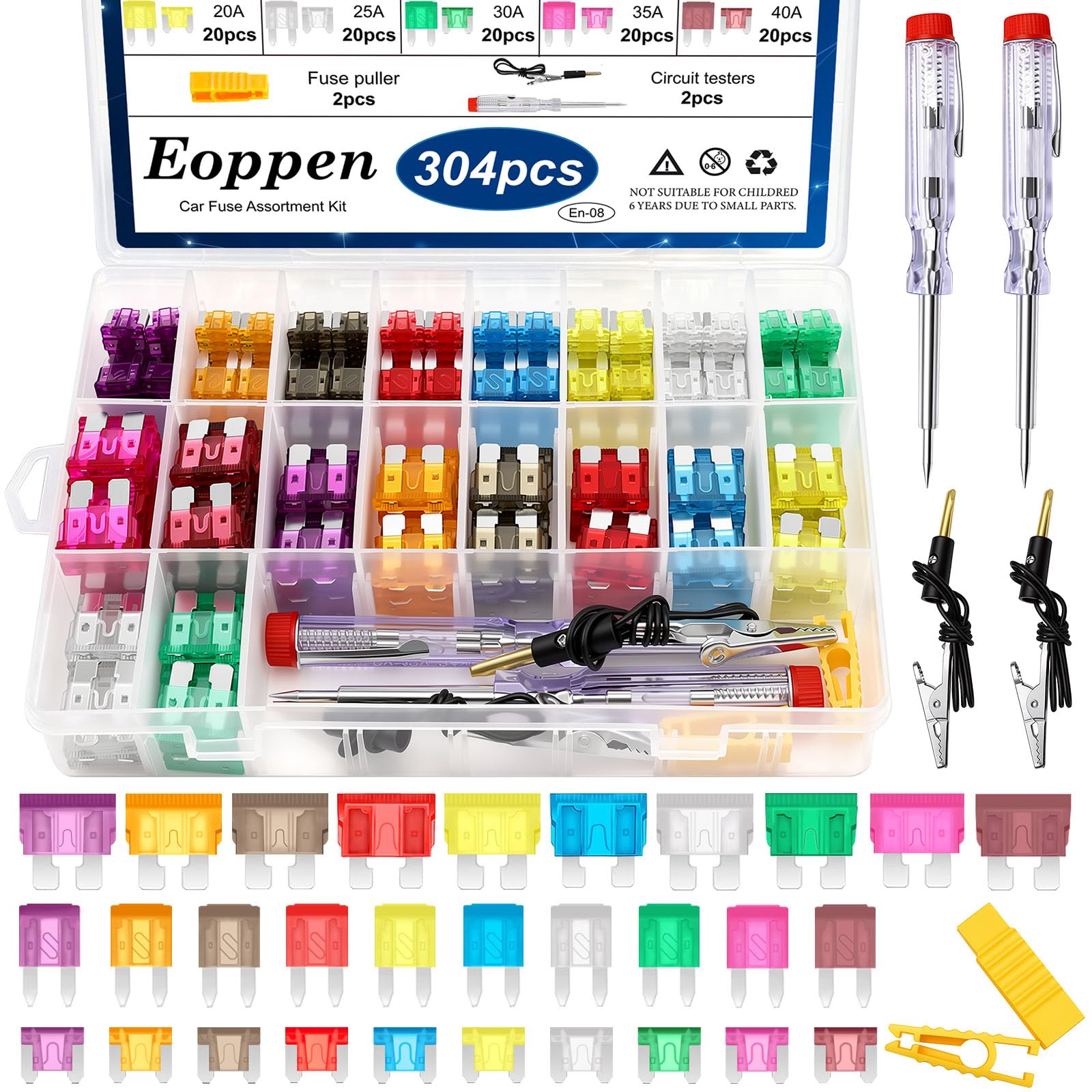 Kit surtido de fusibles de coche de 304 piezas con extractor de fusibles y probador de circuito, kit de fusibles estándar y mini y de perfil bajo (3A, 5A, 7.5A, 10A, 15A, 20A, 25A, 30A, 35A