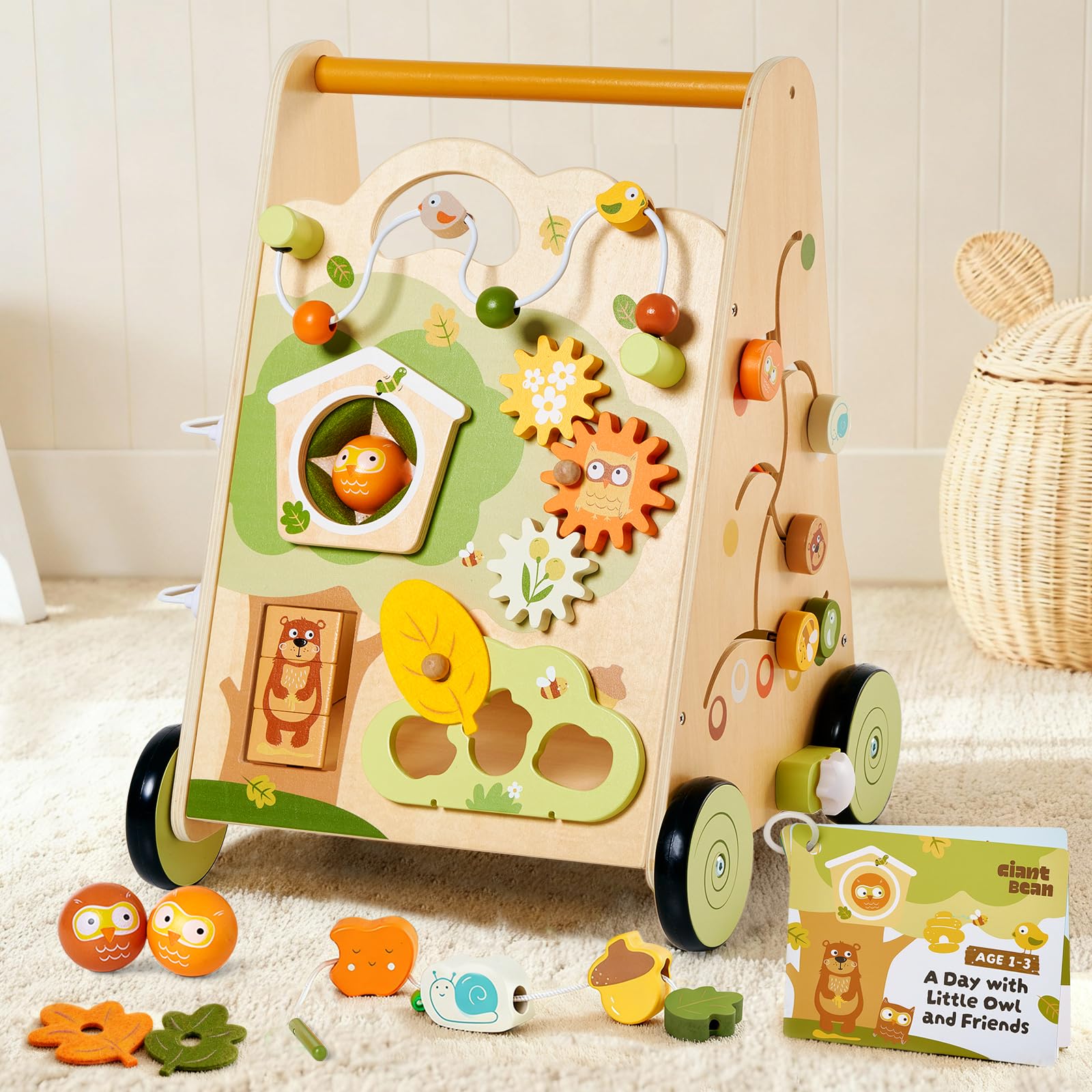 Trottinette bébé en bois multicolore – Aide au jeu et à la marche avec centre d'activités 8 en 1, vitesse réglable et roues antidérapantes pour enfants à partir de 1 an (design hibou)