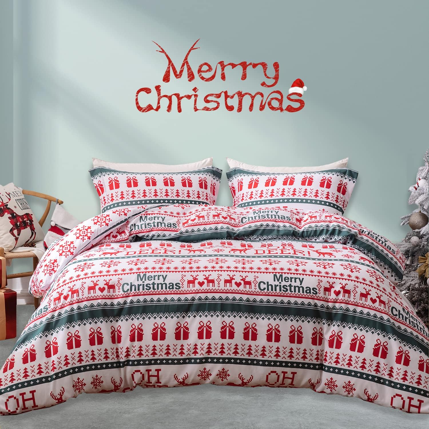 MILDLY Christmas Duvet Cover Set - 100% Brushed Microfiber Snowflake Reindeer Printed Winter Theme Comforter Cover Set Christmas Red & Green Queen(90"x90")