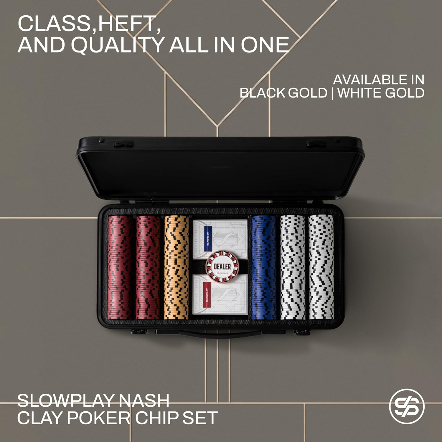 SLOWPLAY 14g Clay Poker Chips Set for Texas Hold'em, 500 PCS, with Numbered Values, Art Deco Style, and Carrying Case