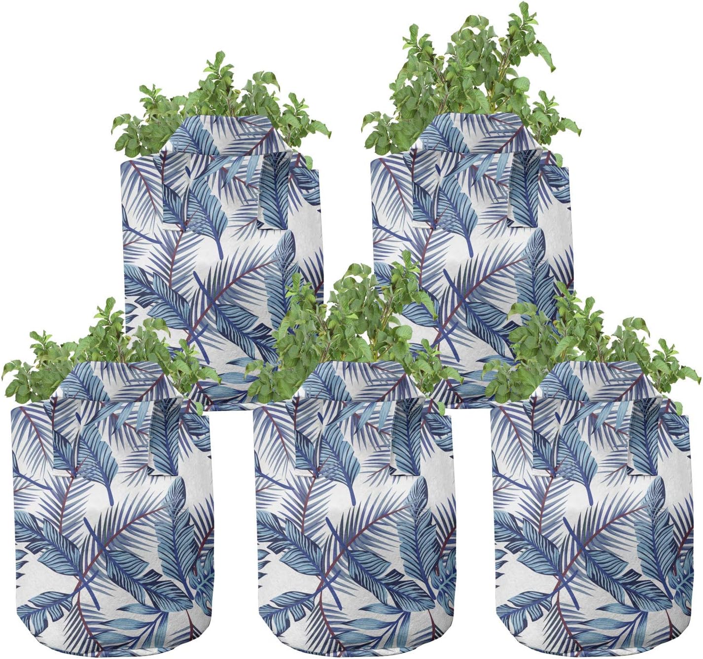 Ambesonne Botany Grow Bags 5-Pack, Repeated Exotic Palm Leaves, Heavyduty Fabric Pots with Handles for Plants, White Blue Dark Fuchsia