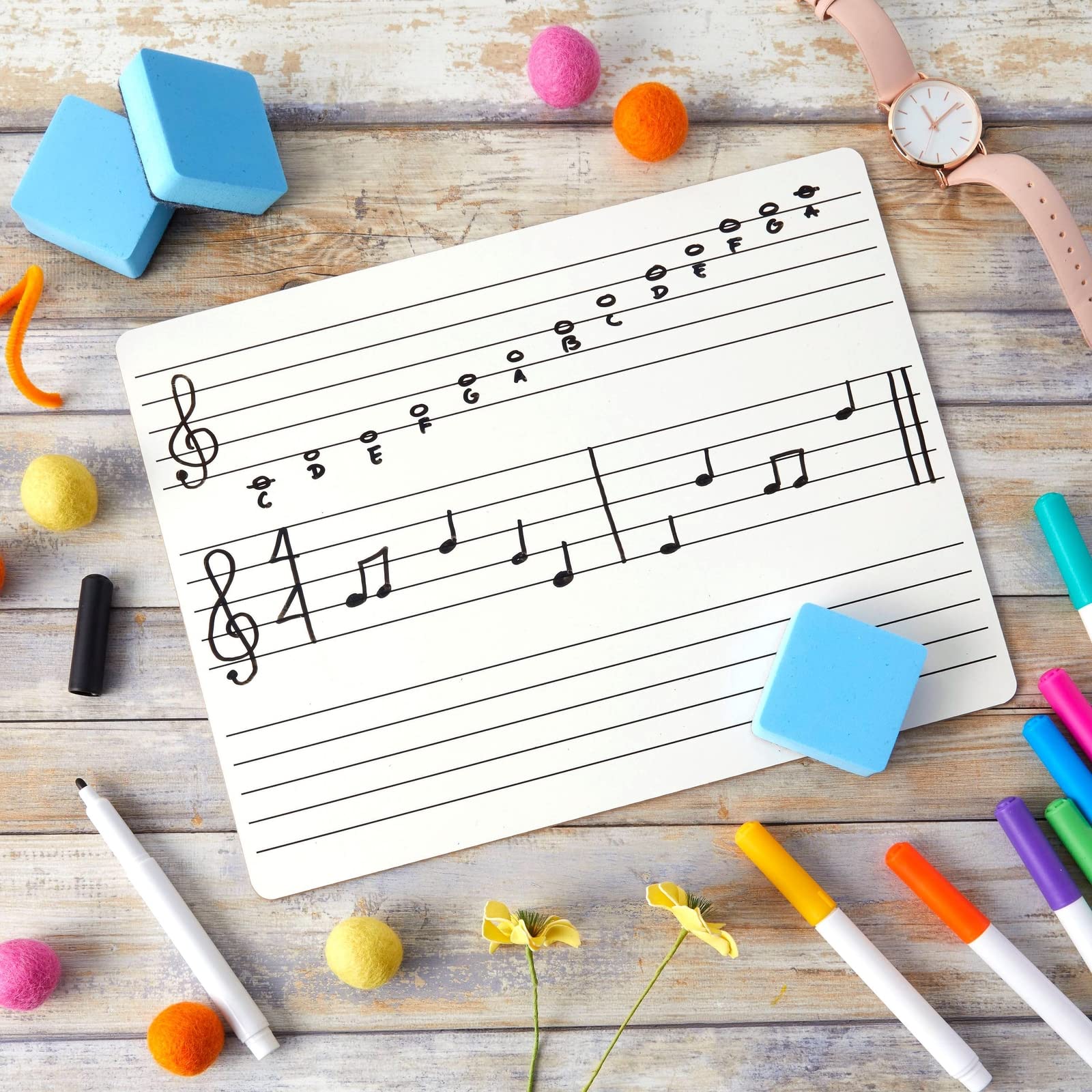 Bright Creations Lot de 12 tableaux effaçables à sec pour personnel de musique de classe – 22,9 x 30,5 cm – Tableau blanc graphique double face – Aide à l'enseignement de la musique avec gommes