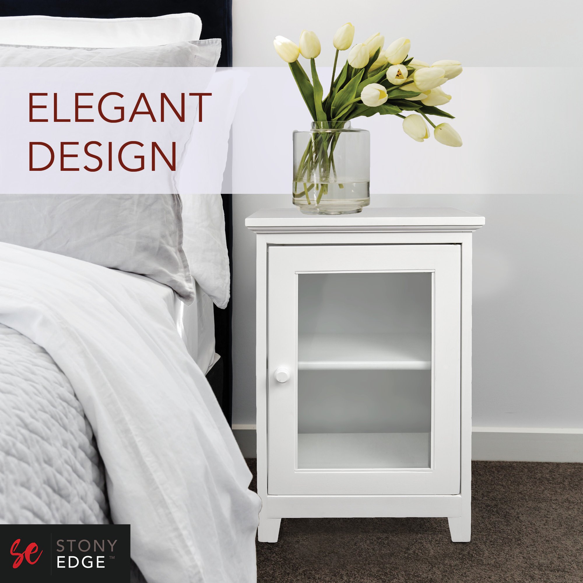 Amazon Com Stony Edge White Night Stand Easiest Assembly No Tools Required Premium Two Shelf Wooden Bedside Table Or End Table With Glass Door Heavy Duty Elegant Accent Furniture Kitchen