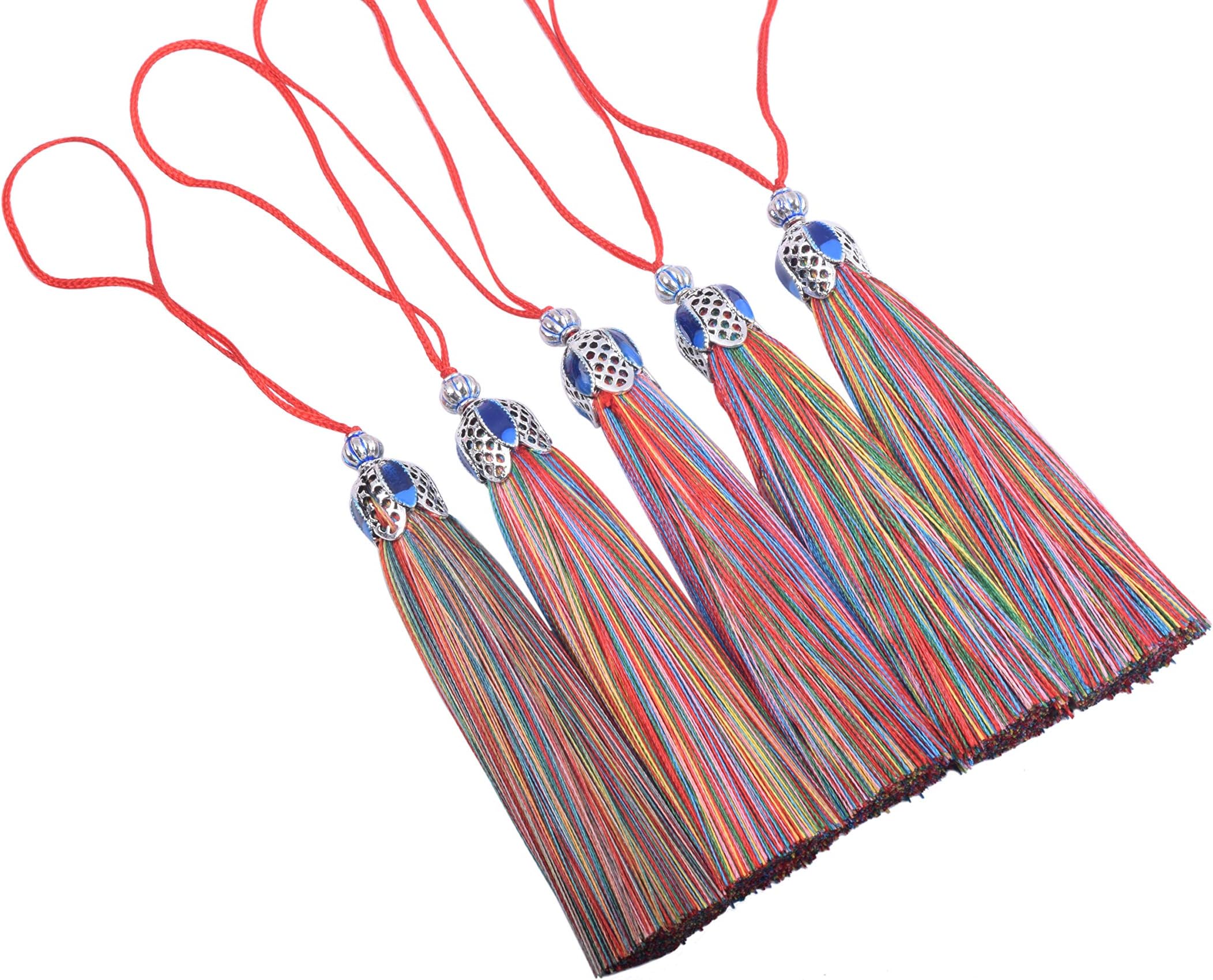 KONMAY 10PCS 8.5cm(3.4'') Rainbow Craft Tassels with Hollowed Antique Silver Caps and Hanging Loops for Jewelry Making, Crafts Designs, Decorations