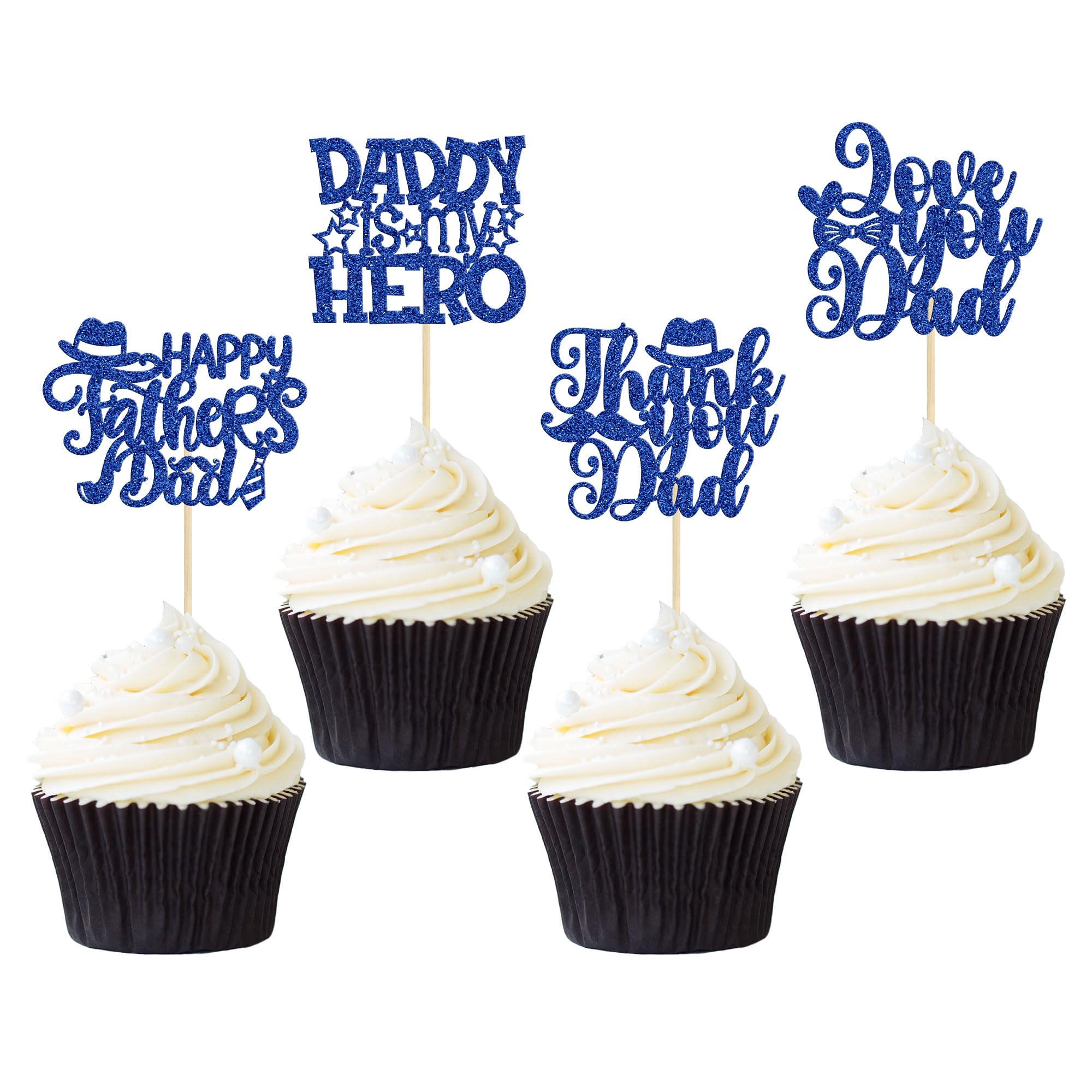 Gyufise 24Pcs Happy Father's Day Cupcake Toppers Blue Glitter Tie Hat Heart Beard Signs Fathers Day Cupcake Picks for Dads Day Party Supplies Cupcake
