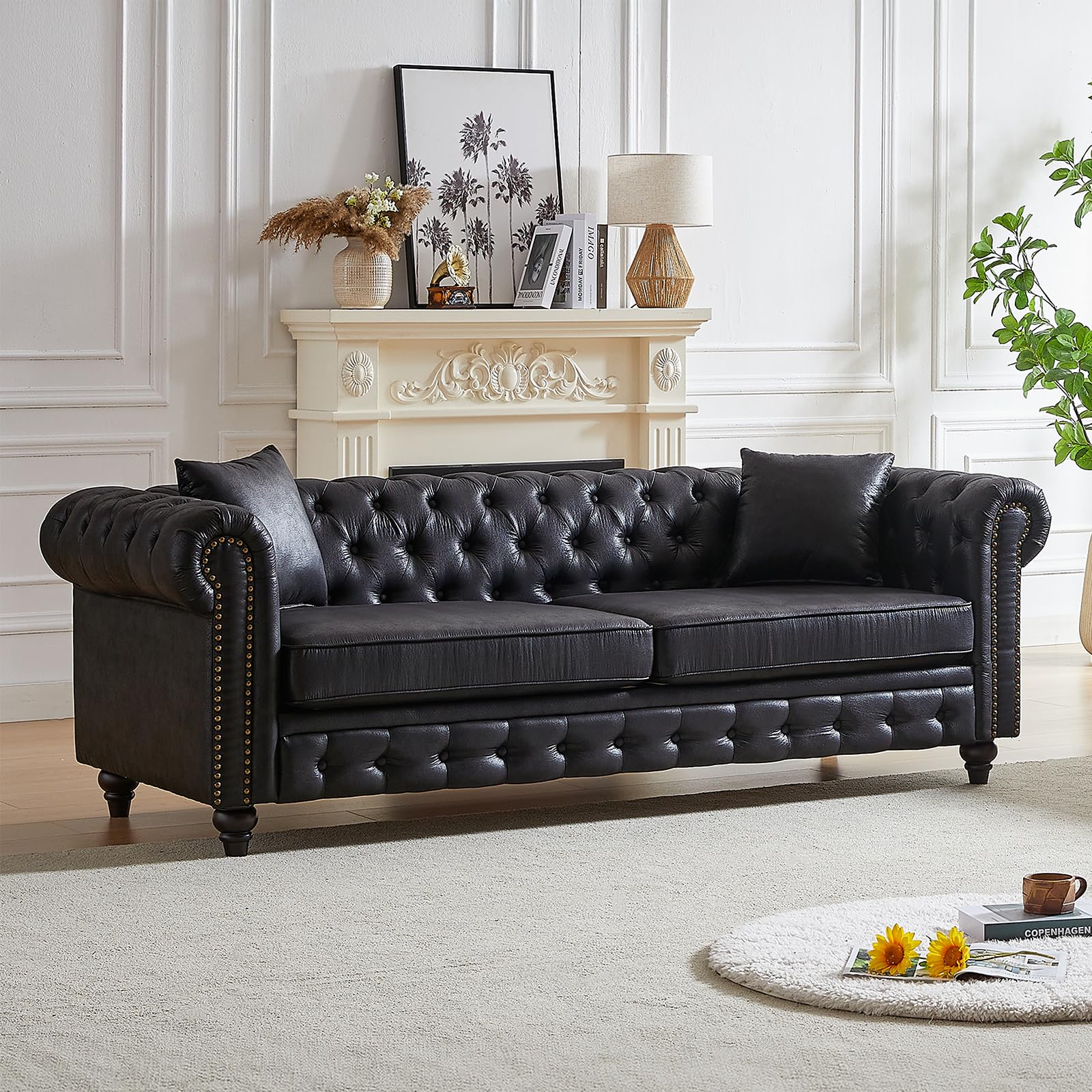 Mid Century Modern Couch, 85.5"W High-tech Fabric Button Tufted Oversized Loveseat Sofa with Nailhead Trim & Roll Armrests, Deep Seat Comfy