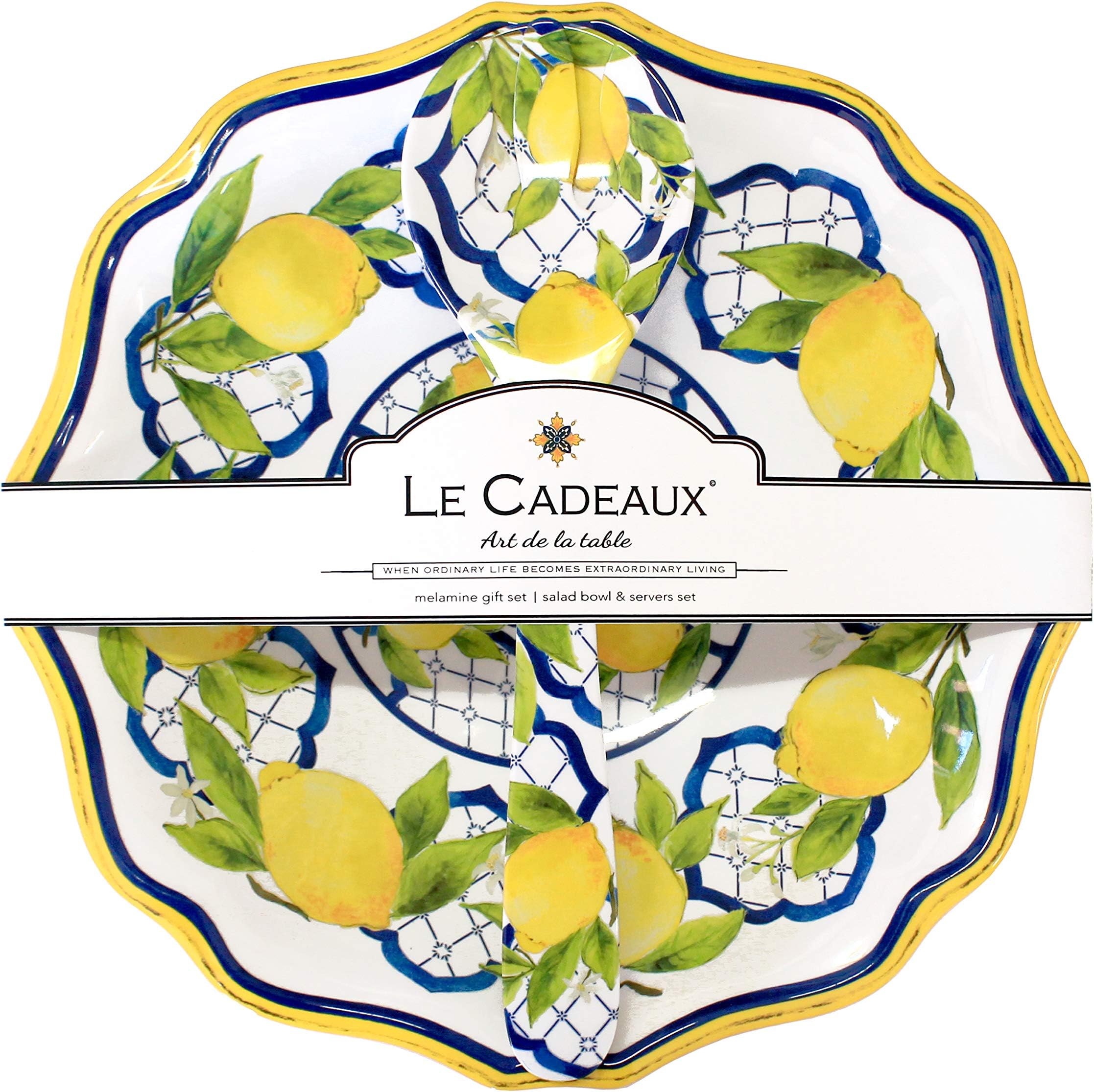 Le Cadeaux GS-BS-PAL Palermo Melamine Salad Bowl and Salad Servers, 13.75 Inches, Lemon